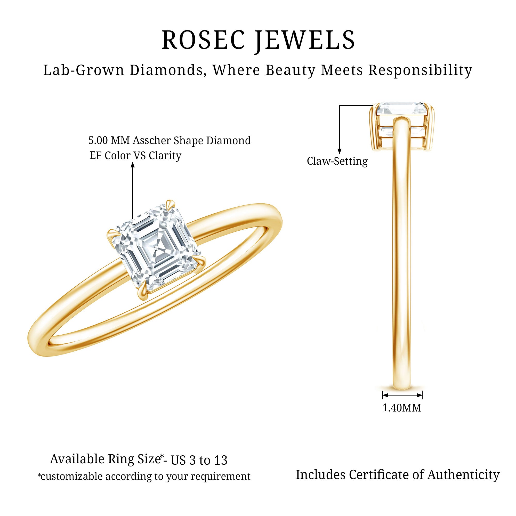 5MM Asscher Cut Lab Grown Diamond Solitaire Promise Ring Lab - ( EF-VS ) - Rosec Jewels