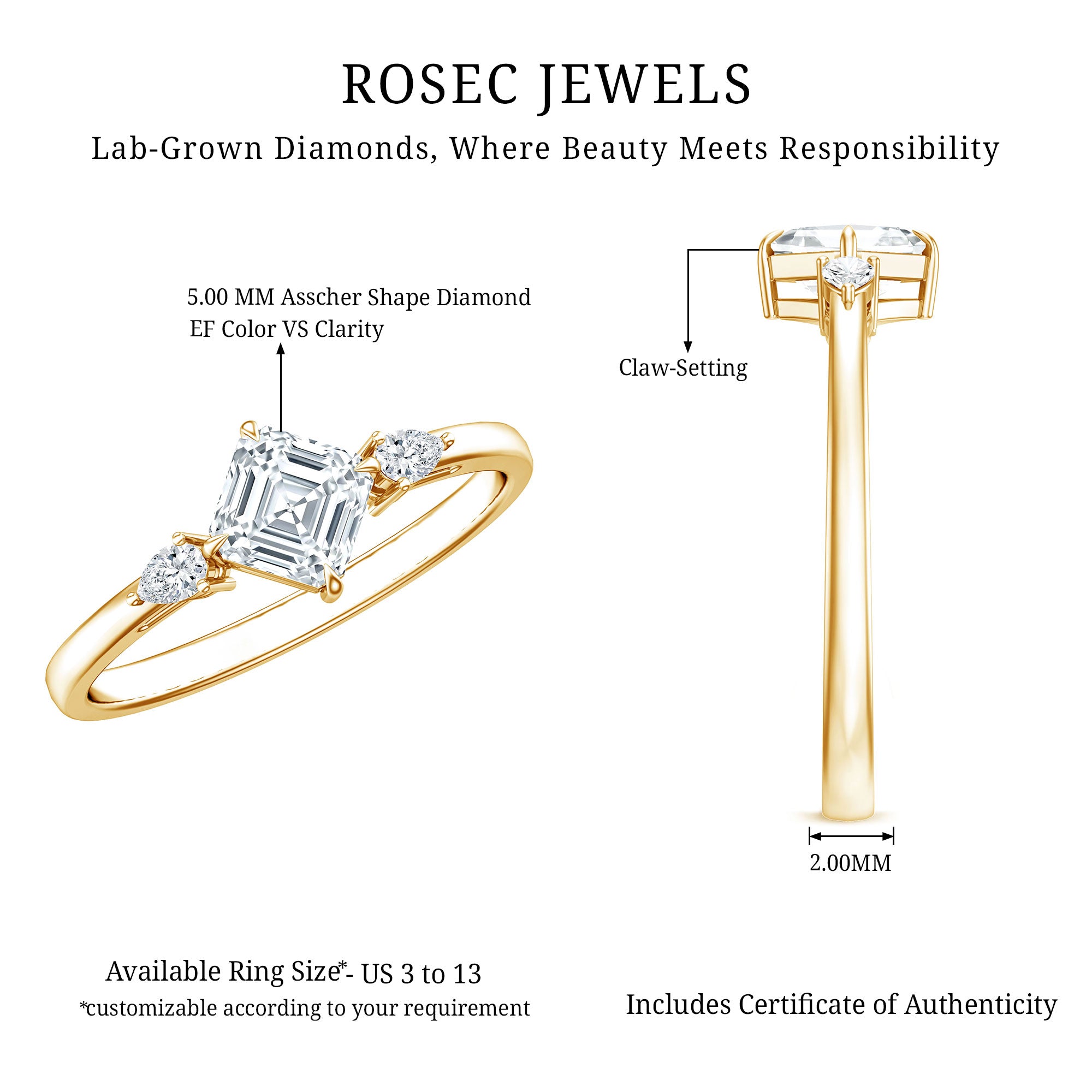 Rosec Jewels-0.7 Carat Asscher Cut Lab Grown Diamond Engagement Ring with Certificate