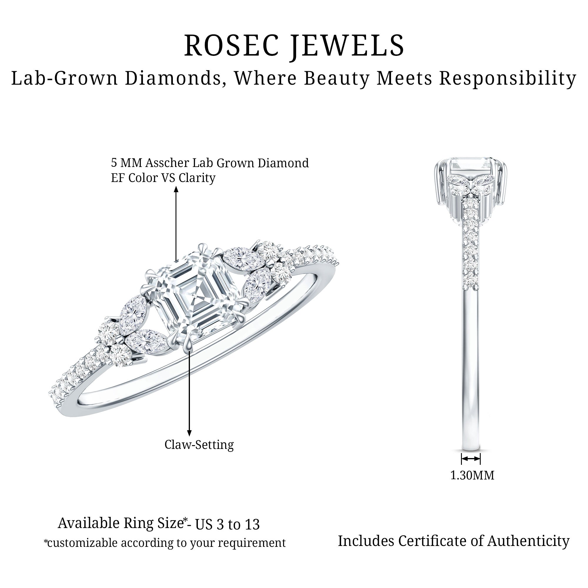 Rosec Jewels-0.9 Carat Lab Grown Diamond Asscher Cut Engagement Ring For Women