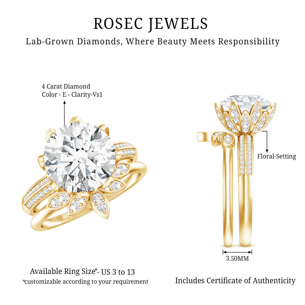 Floral Inspired Lab Grown 4 Carat Diamond Wedding Ring Set IGI Certified Lab - ( E-VS1 ) - Rosec Jewels