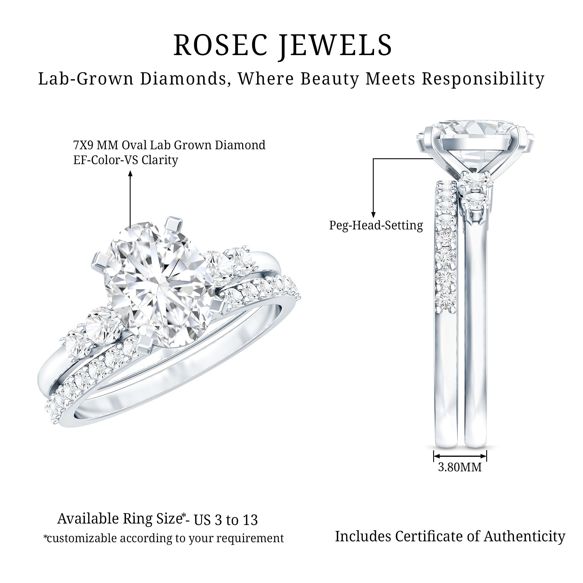 2 Carat Oval Shape Lab Diamond Bridal Ring Set with IGI Certificate Lab - ( EF-VS ) - Rosec Jewels