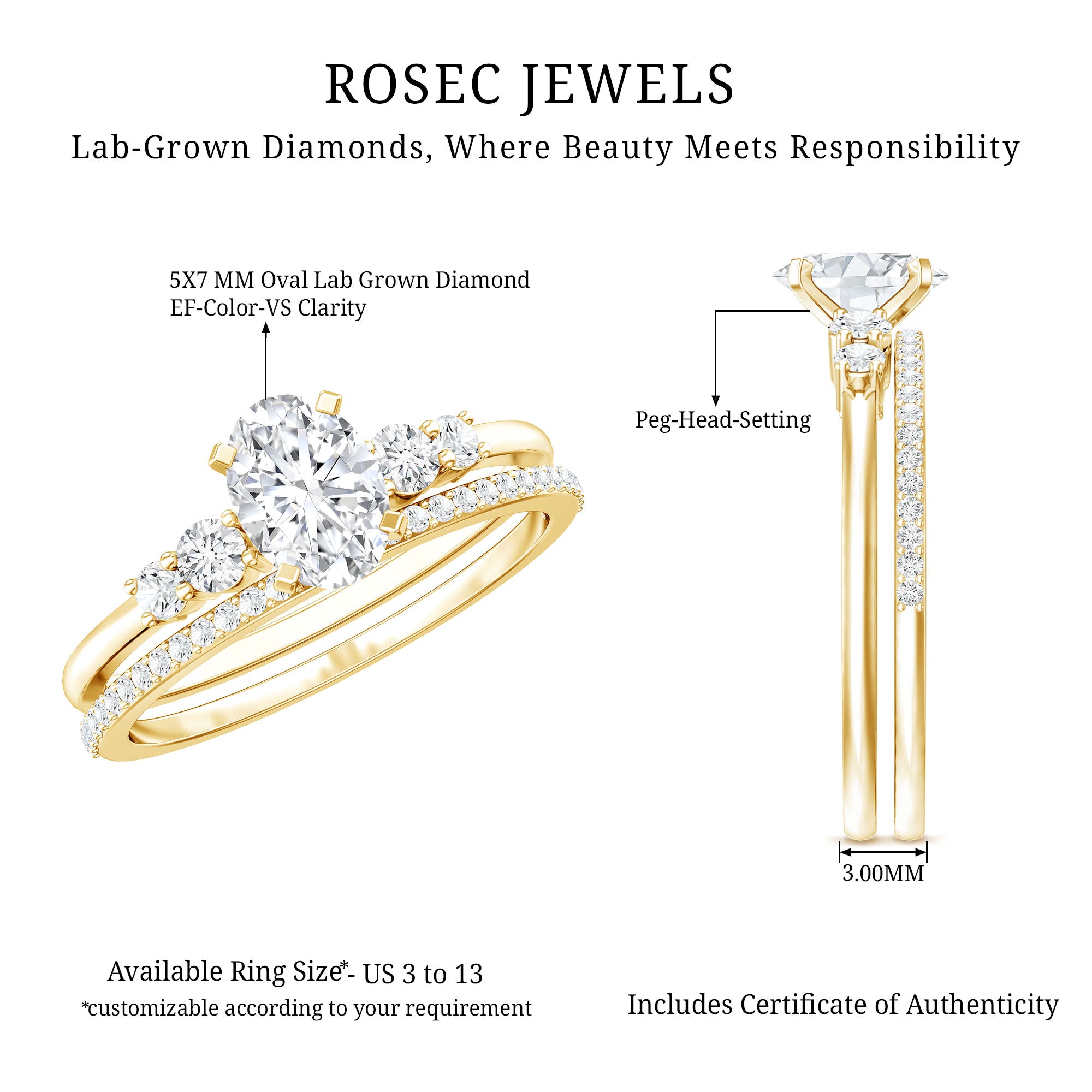IGI Certified Lab Grown Diamond Engagement Ring with Wedding Band Lab - ( EF-VS ) - Rosec Jewels