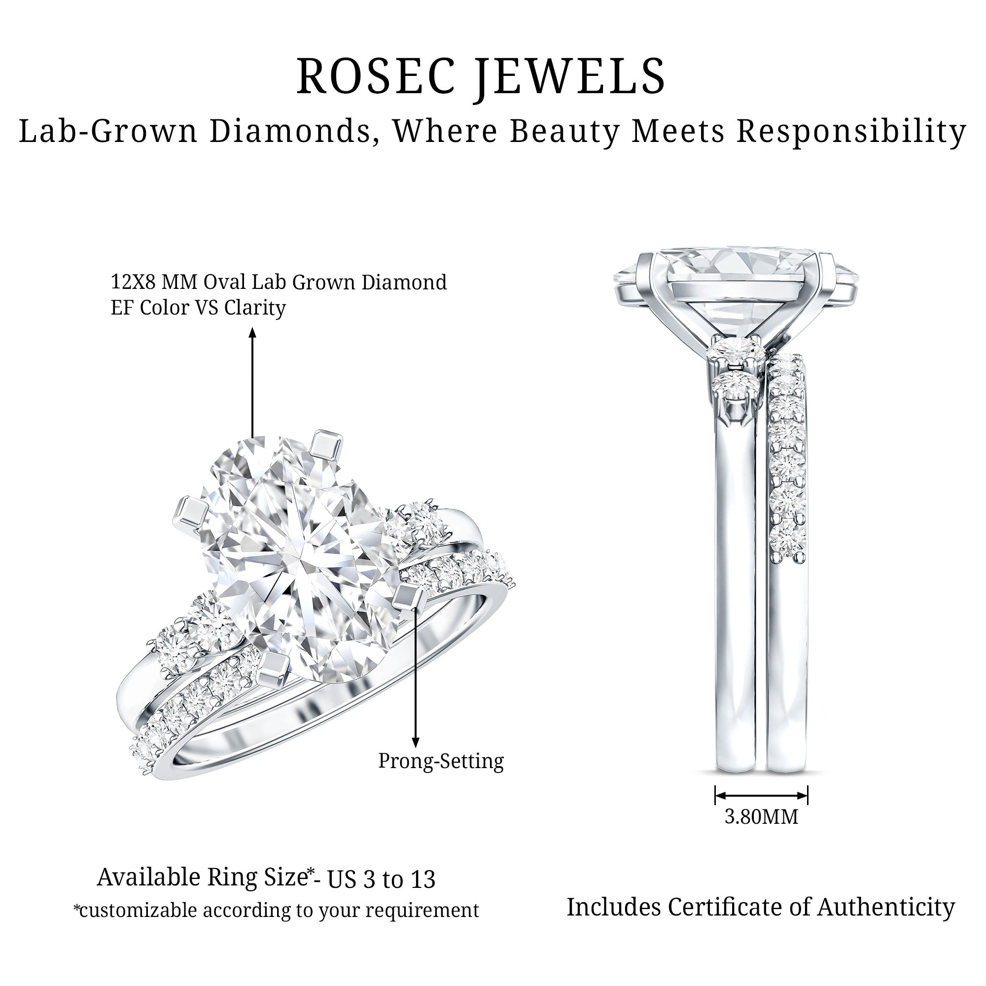 IGI Certified 3 Carat Oval Lab Grown Diamond Marriage Ring Set for Women Lab - ( EF-VS ) - Rosec Jewels