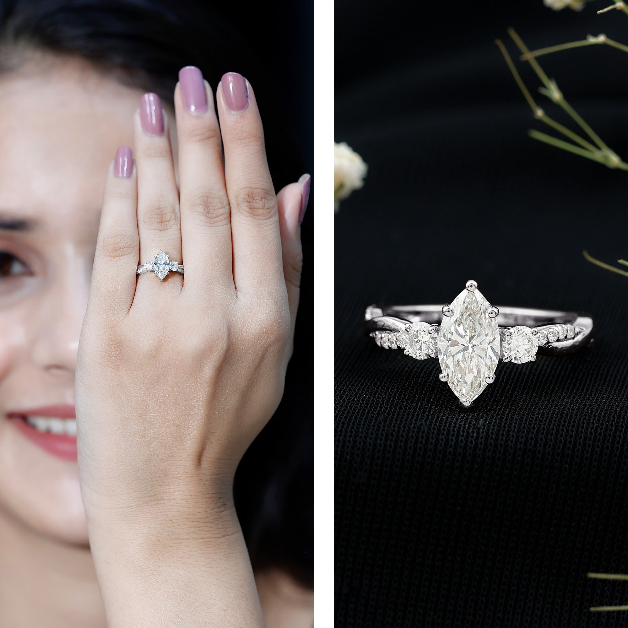 Rosec Jewels-1 Carat Marquise Cut Lab Grown Diamond Designer Engagement Ring IGI Certified