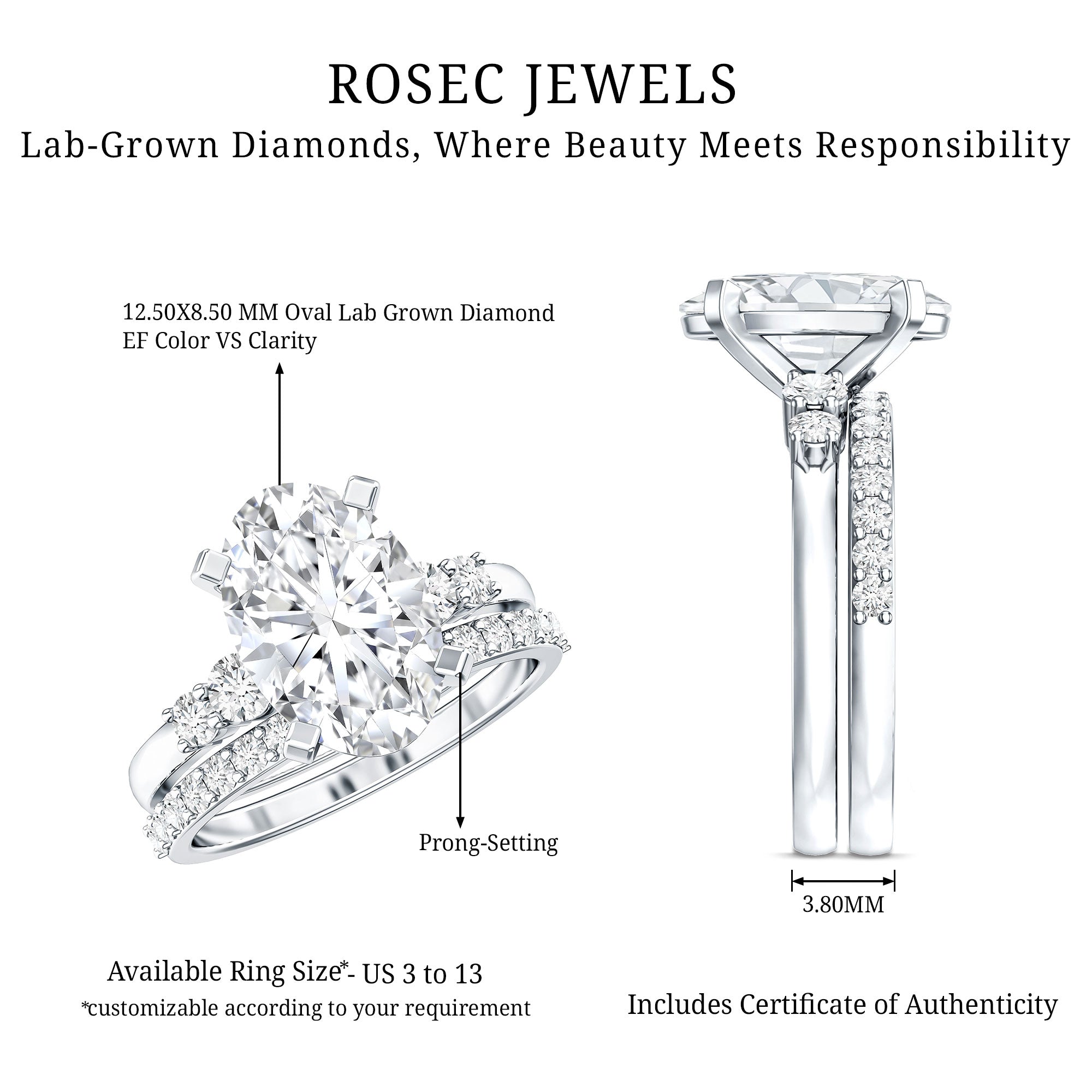 4 Carat Oval Wedding Ring Set with IGI Certified Lab Grown Diamond Lab - ( EF-VS ) - Rosec Jewels