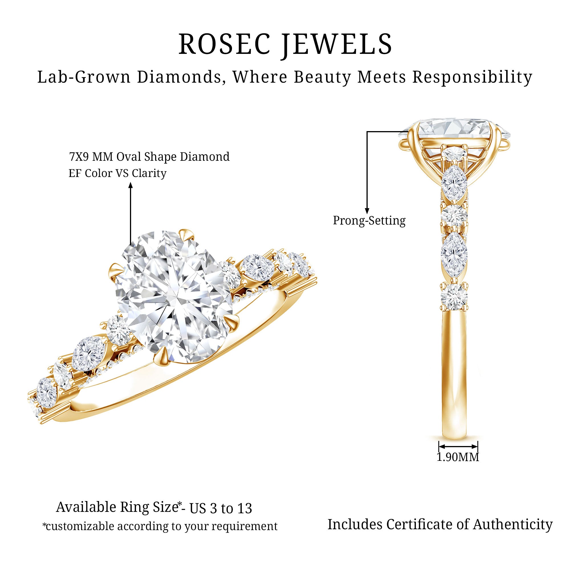 2 Carat Oval Lab Grown Diamond Engagement Ring with IGI Certificate Lab - ( EF-VS ) - Rosec Jewels