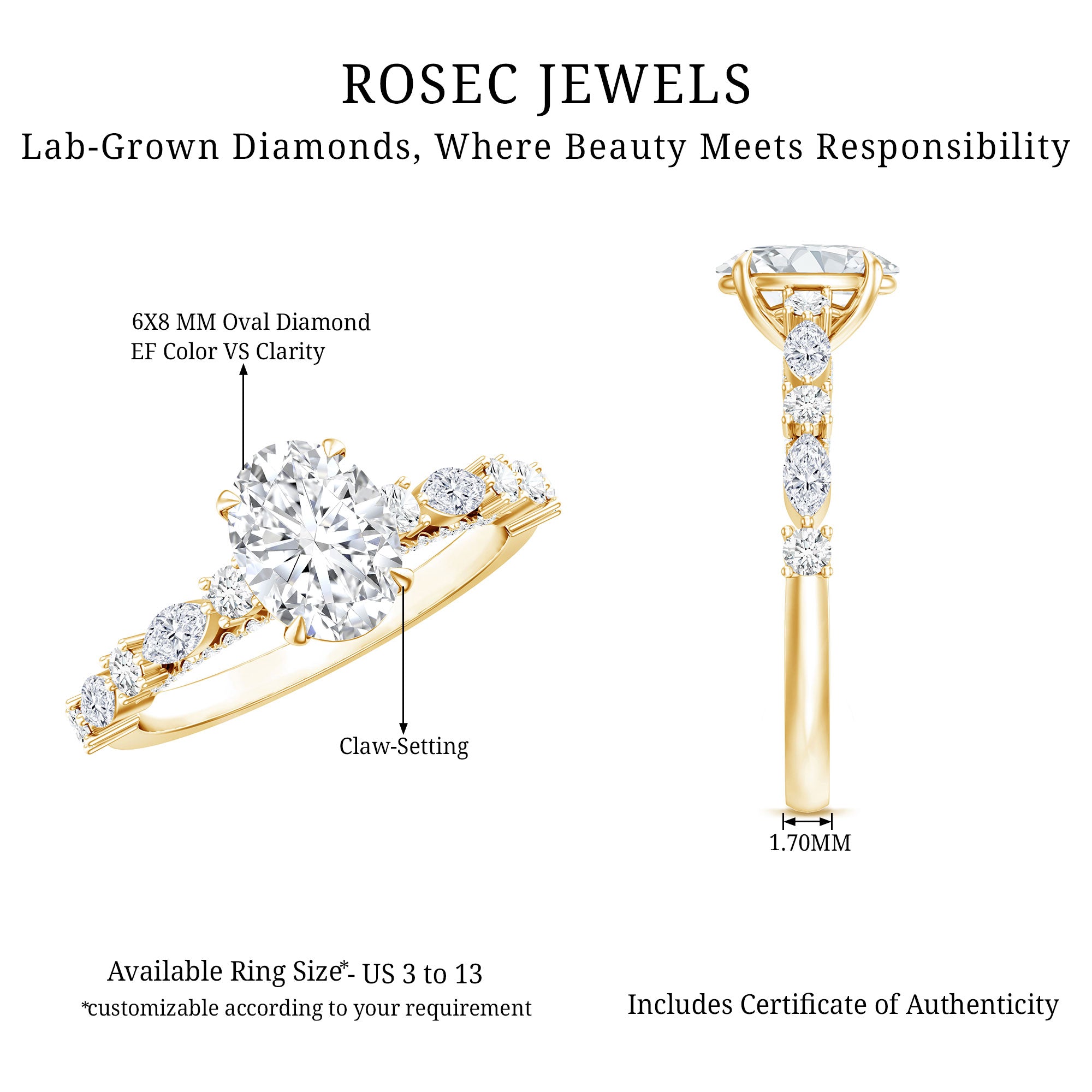 1.2 Carat IGI Certified Oval Cut Lab Grown Diamond Solitaire Engagement Ring Lab - ( EF-VS ) - Rosec Jewels