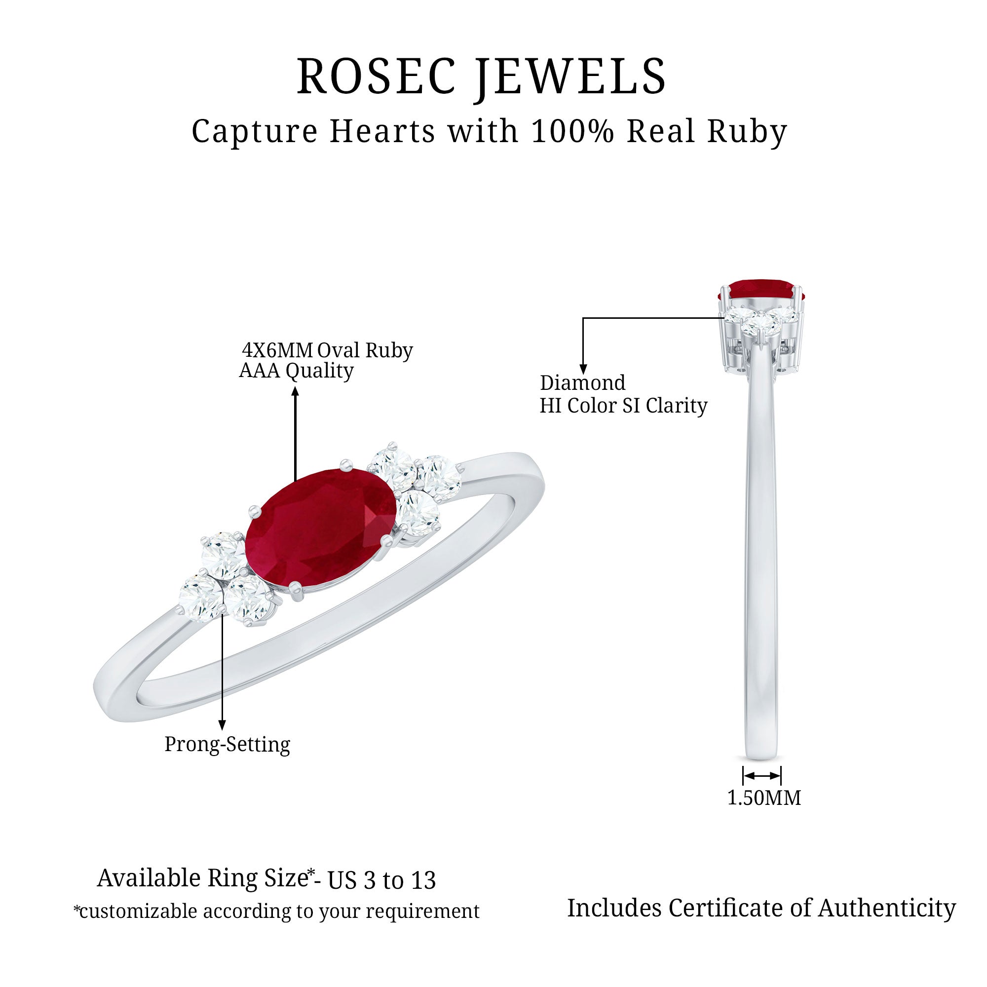 Rosec Jewels-East West Style 0.6 Carat Ruby Oval Promise Ring with Diamond