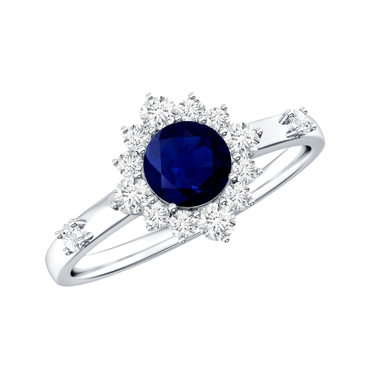 Natural 0.9 Carat Blue Sapphire Engagement Ring with Diamond Halo