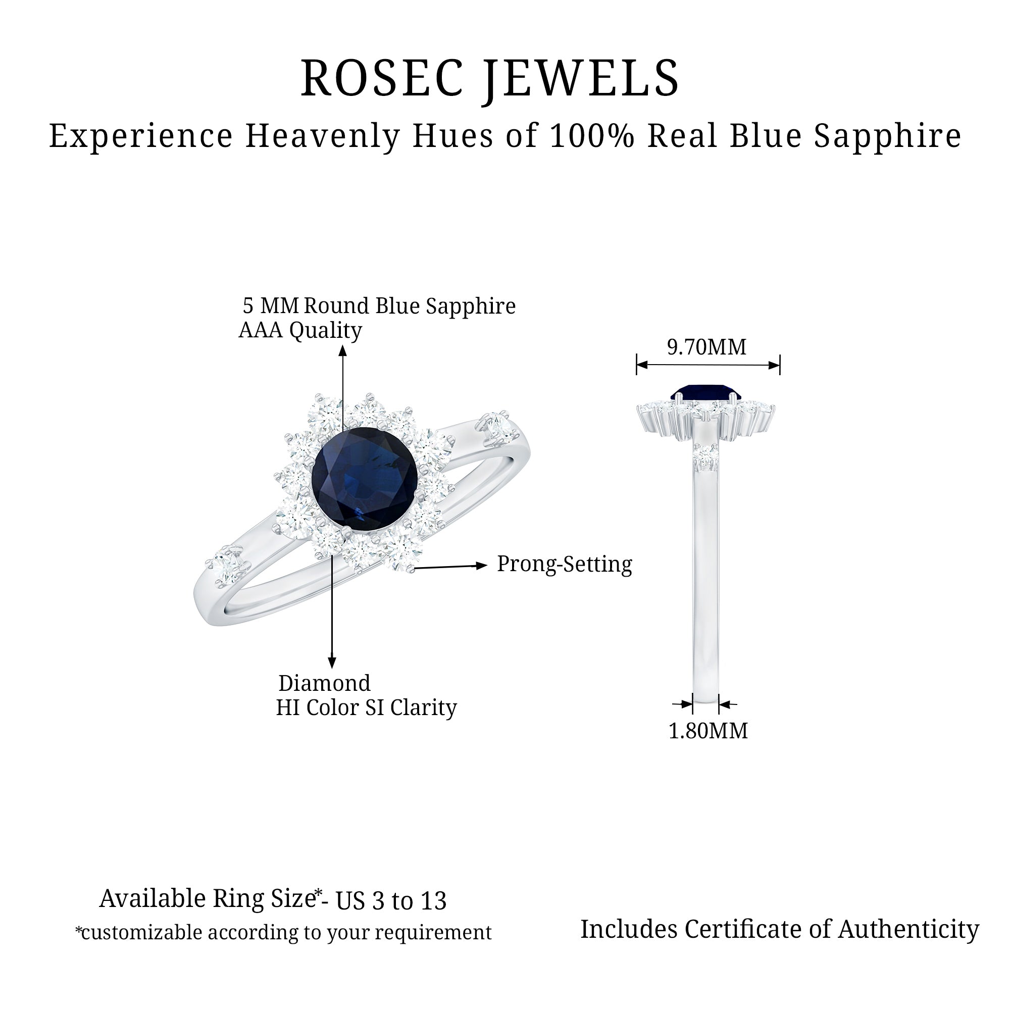 Natural 0.9 Carat Blue Sapphire Engagement Ring with Diamond Halo AAA - Rosec Jewels