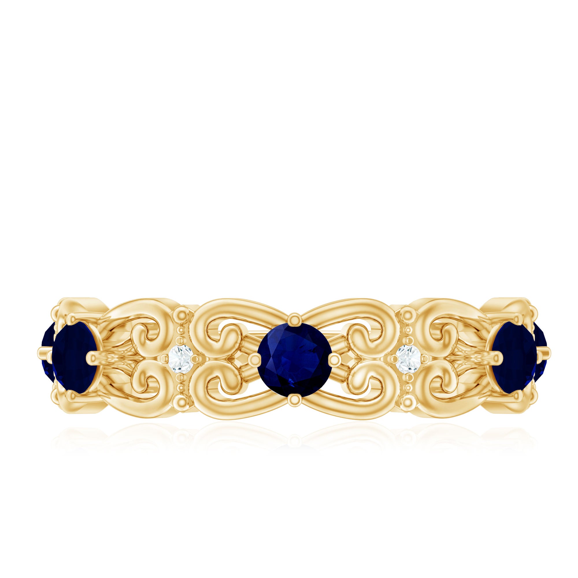 Blue Sapphire and Diamond Vintage Half Eternity Wedding Band AAA - Rosec Jewels