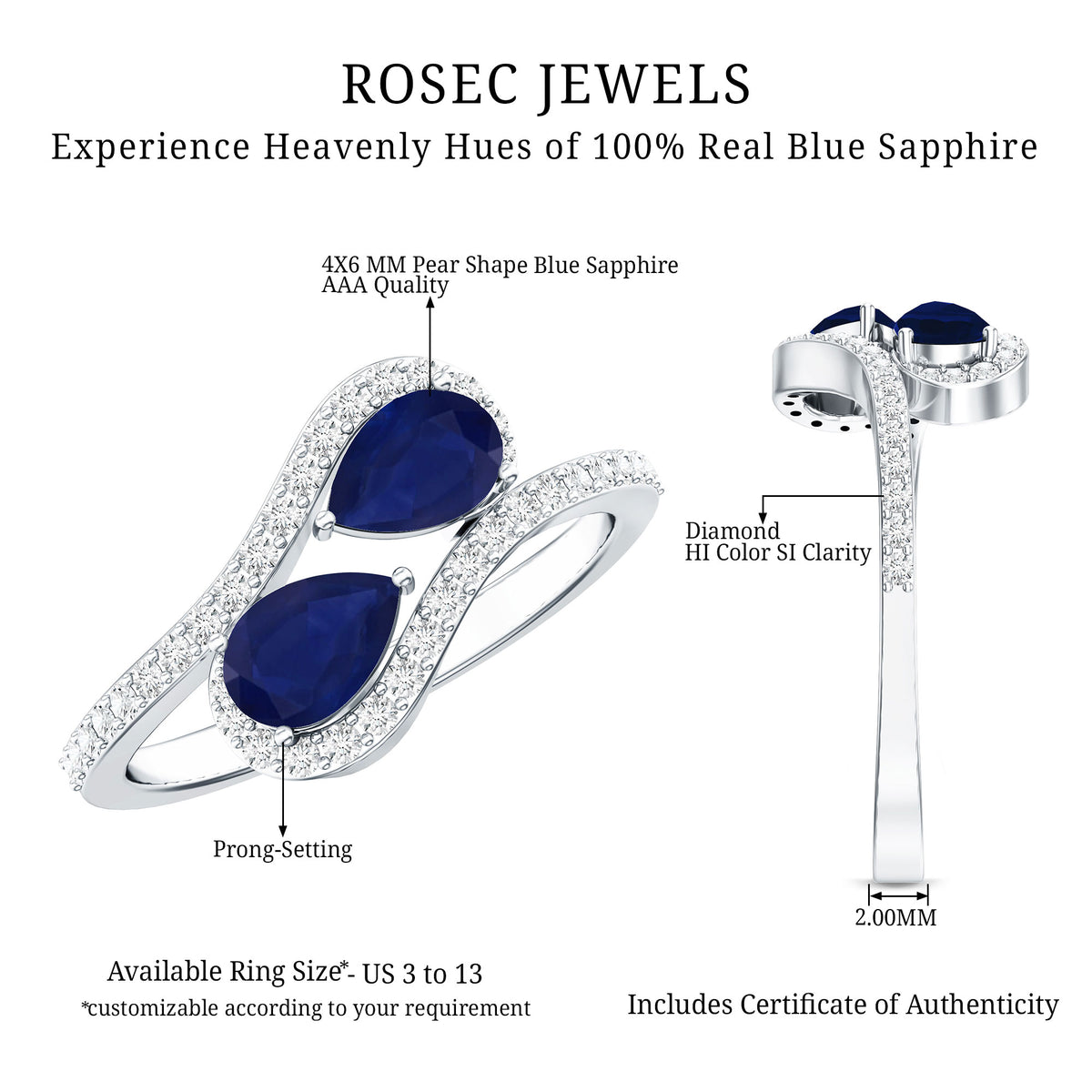 Natural Pear Shape Blue Sapphire 2 Stone Engagement Ring with Diamond AAA - Rosec Jewels