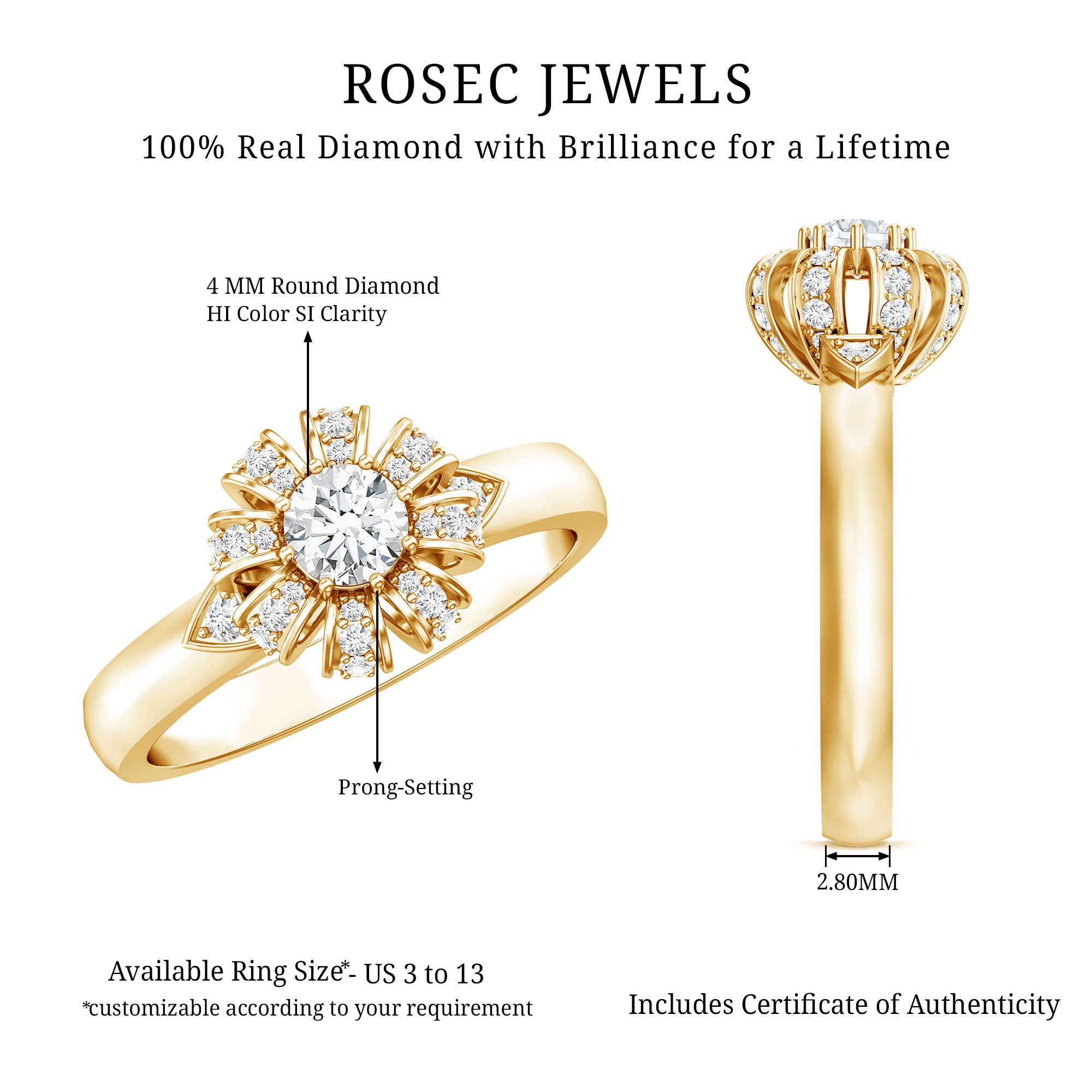 Certified Real Diamond Flower Engagement Ring for Women Natural - ( HI-SI ) - Rosec Jewels