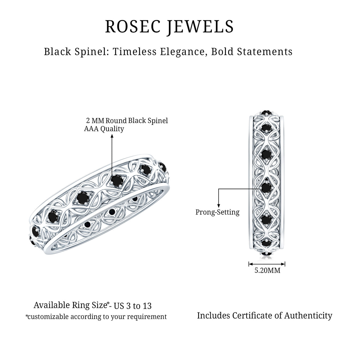 Vintage Inspired Black Spinel Celtic Knot Eternity Band Ring AAA - Rosec Jewels