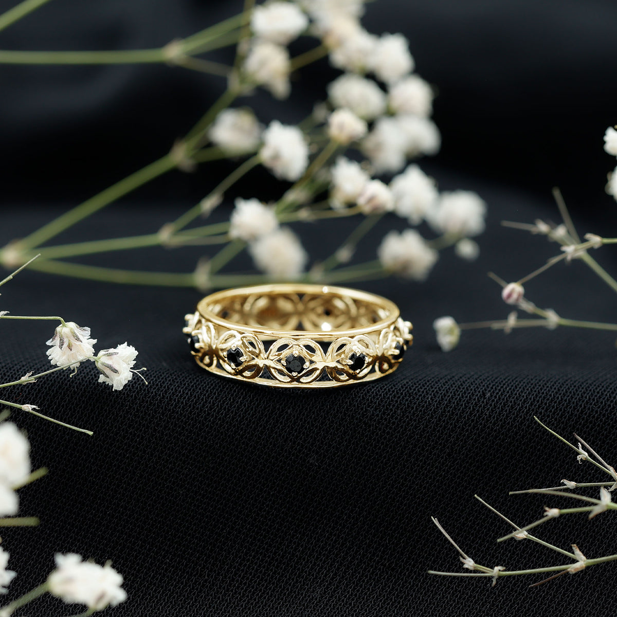 Vintage Inspired Black Spinel Celtic Knot Eternity Band Ring AAA - Rosec Jewels