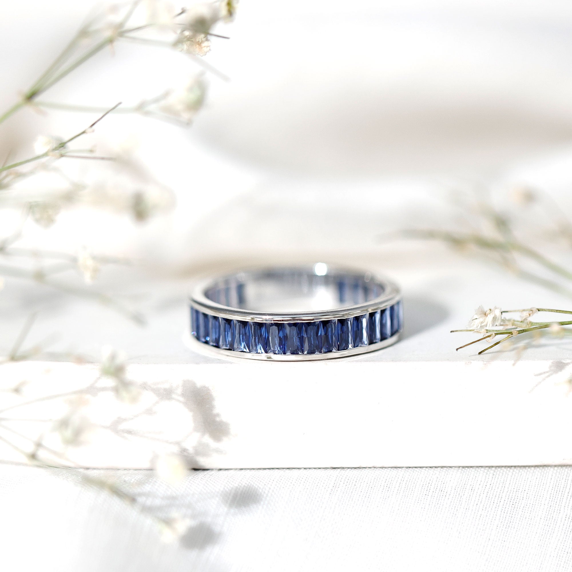 Baguette Shape Lab Created Blue Sapphire Channel Set Eternity Band AAAA - Rosec Jewels