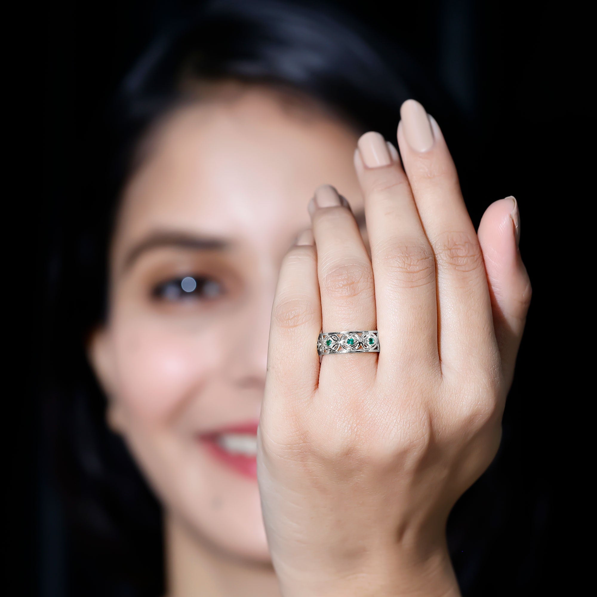 Rosec Jewels-Vintage Looking Lab Grown Emerald Wedding Band for Women