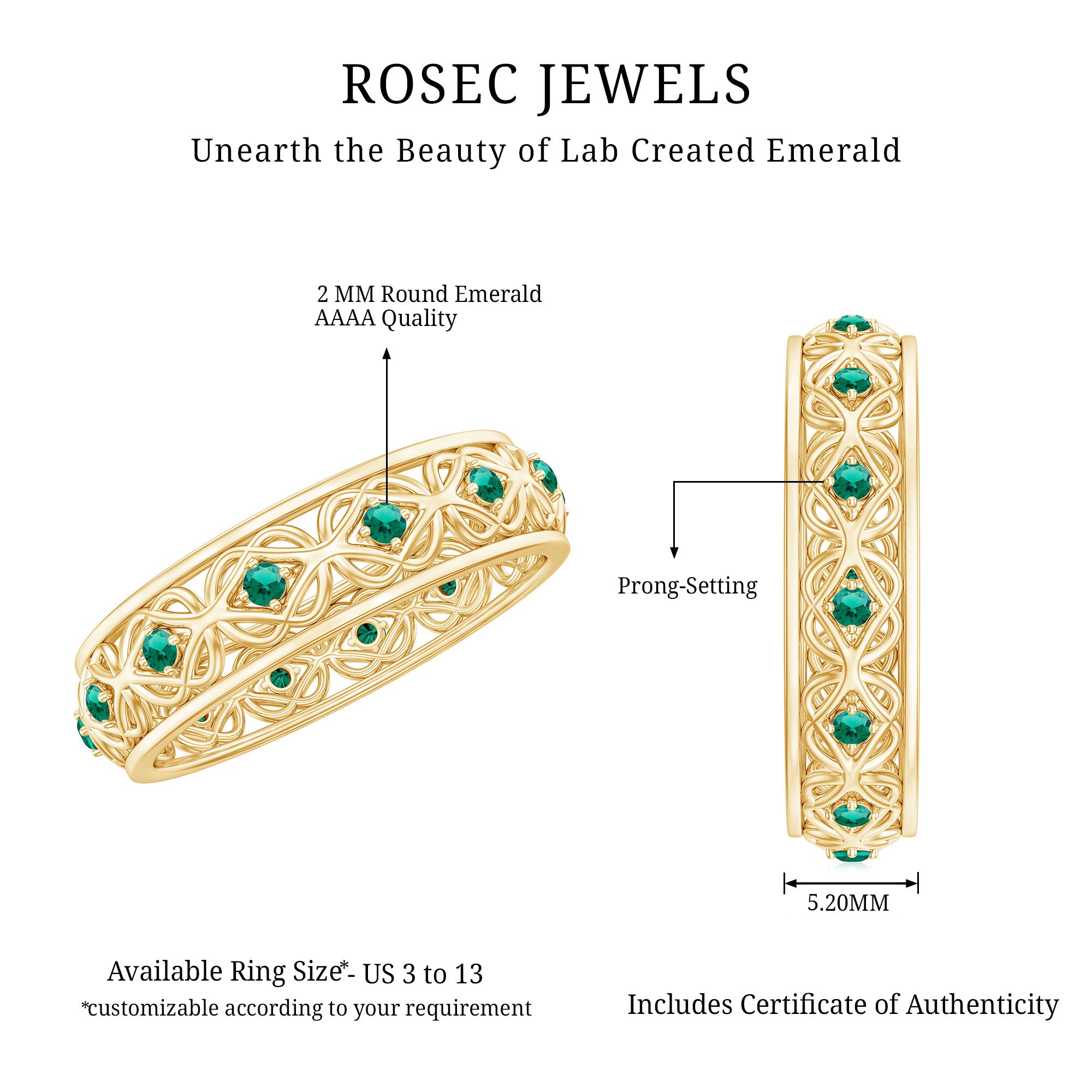 Rosec Jewels-Vintage Looking Lab Grown Emerald Wedding Band for Women