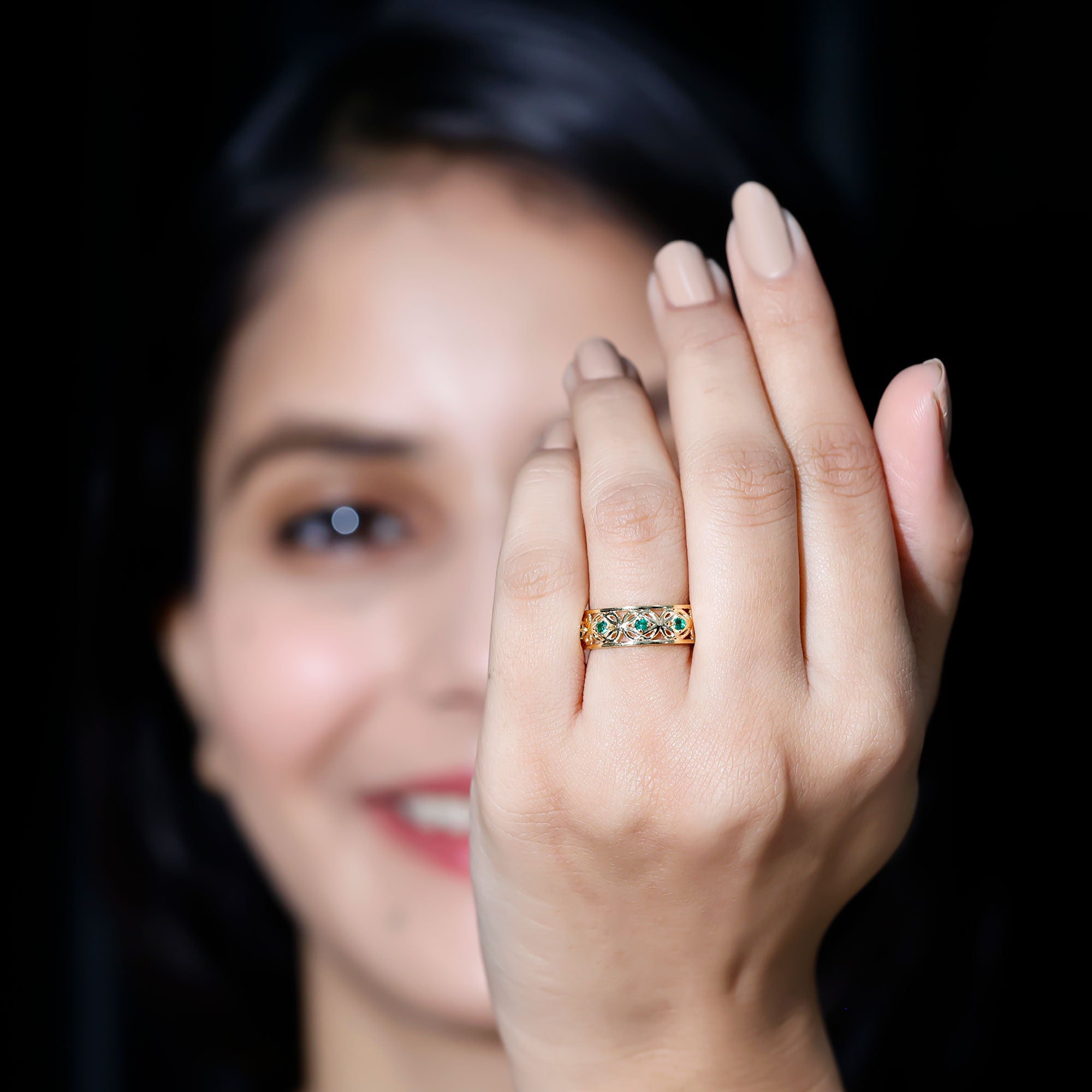 Rosec Jewels-Vintage Looking Lab Grown Emerald Wedding Band for Women