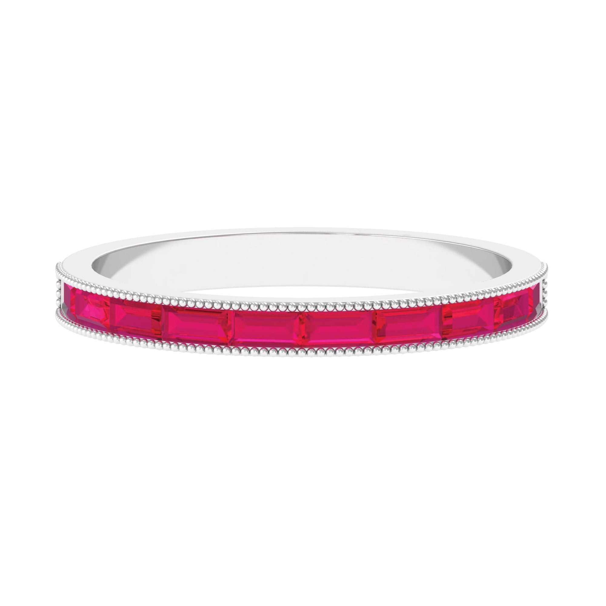 East West Baguette Cut Ruby Half Eternity Band Ring with Milgrain Details Ruby - ( AAA ) - Quality - Rosec Jewels
