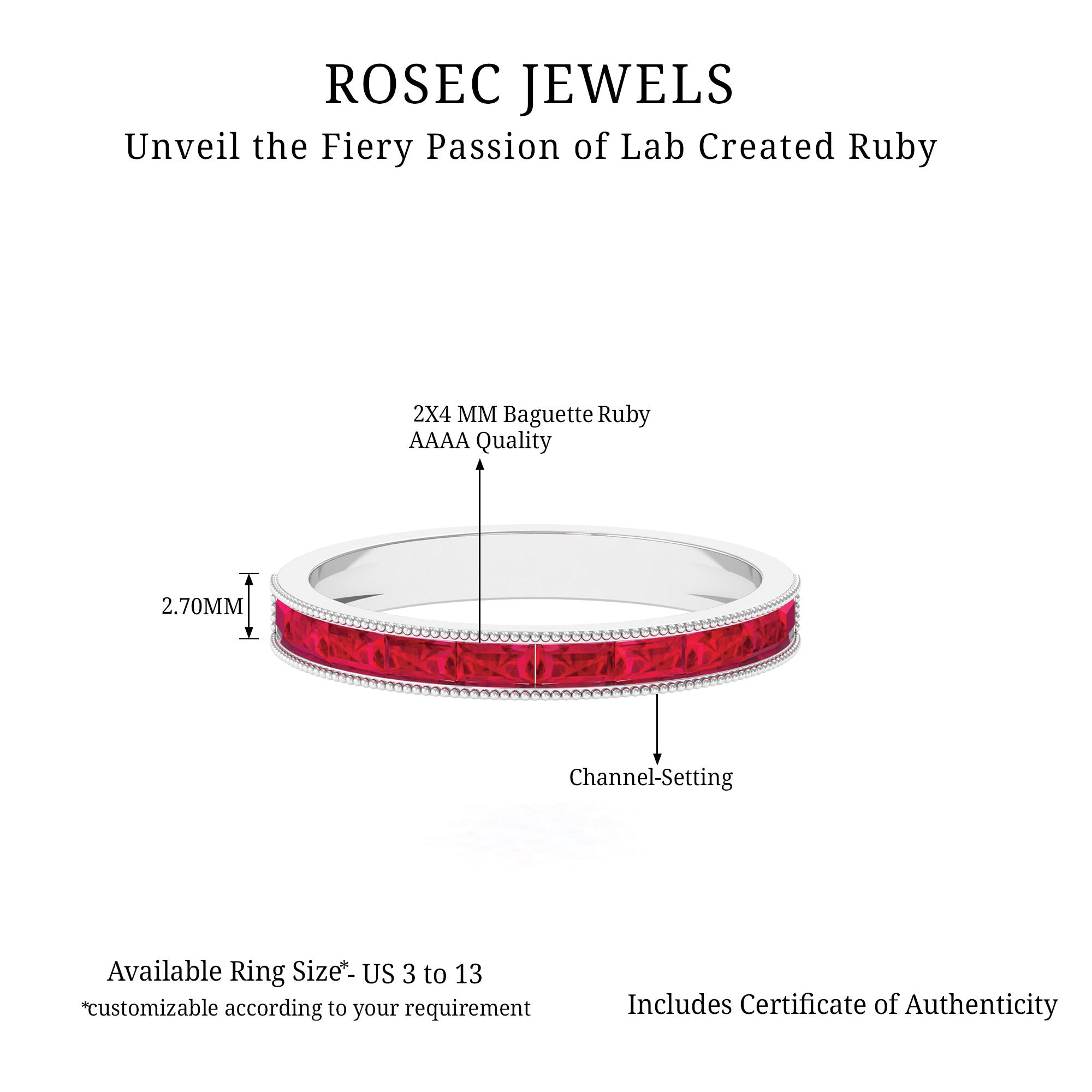 Baguette Cut Lab Grown Ruby Milgrain Band Ring Lab Created Ruby - ( AAAA ) - Quality - Rosec Jewels