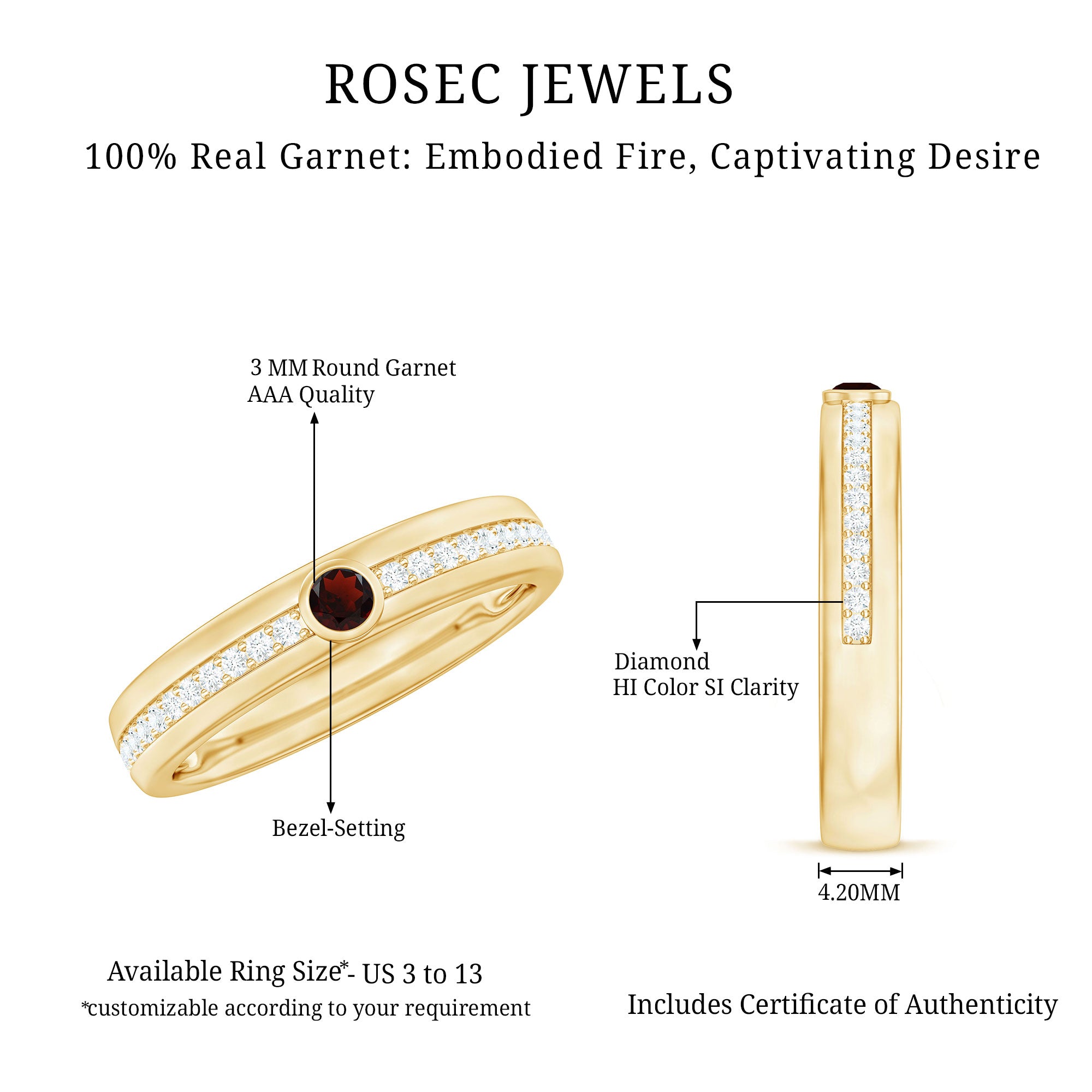 Natural Garnet Diamond Wide Wedding Band AAA - Rosec Jewels