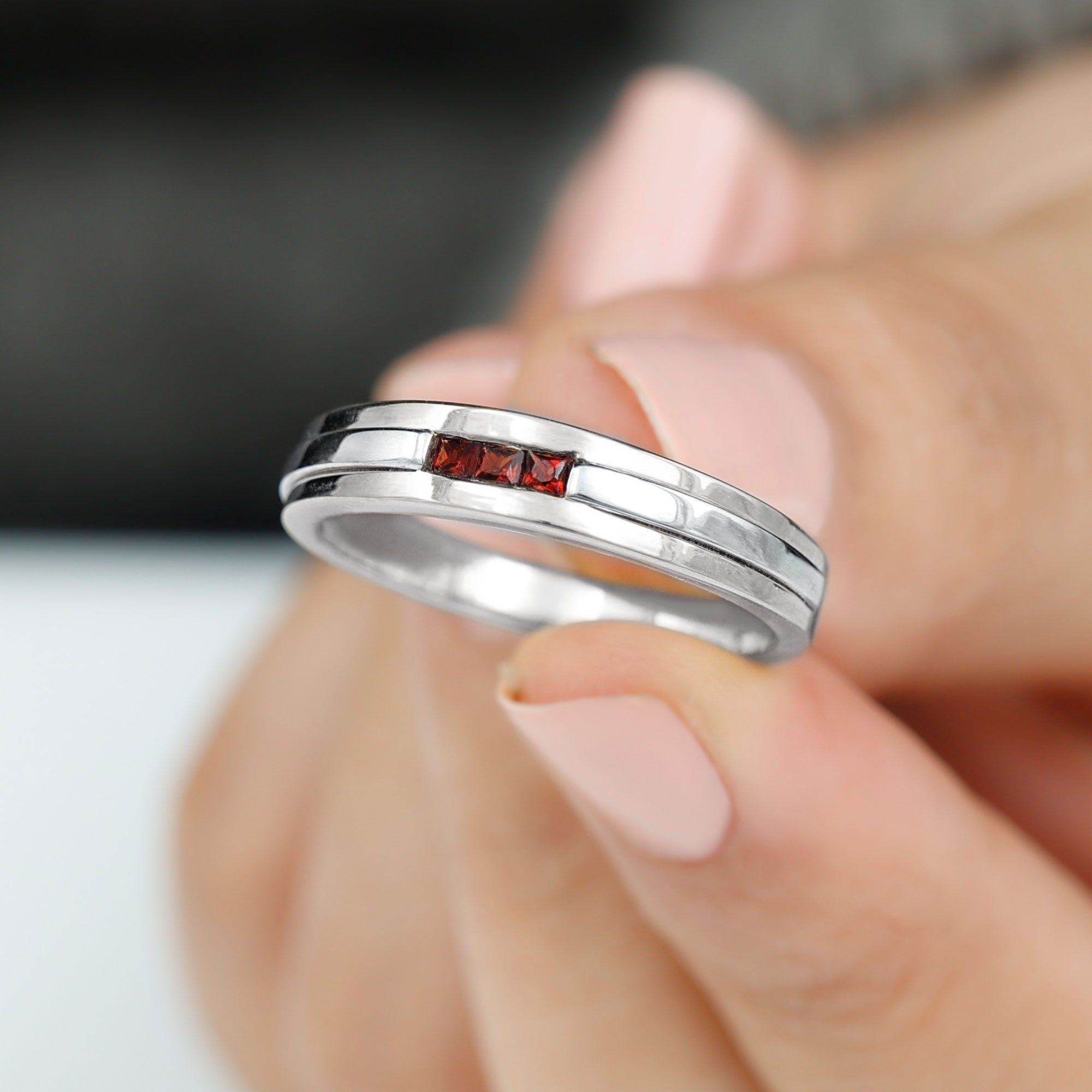 Gold Garnet Unisex Band Ring in Channel Setting Garnet AAA Quality 92.5 Sterling Silver