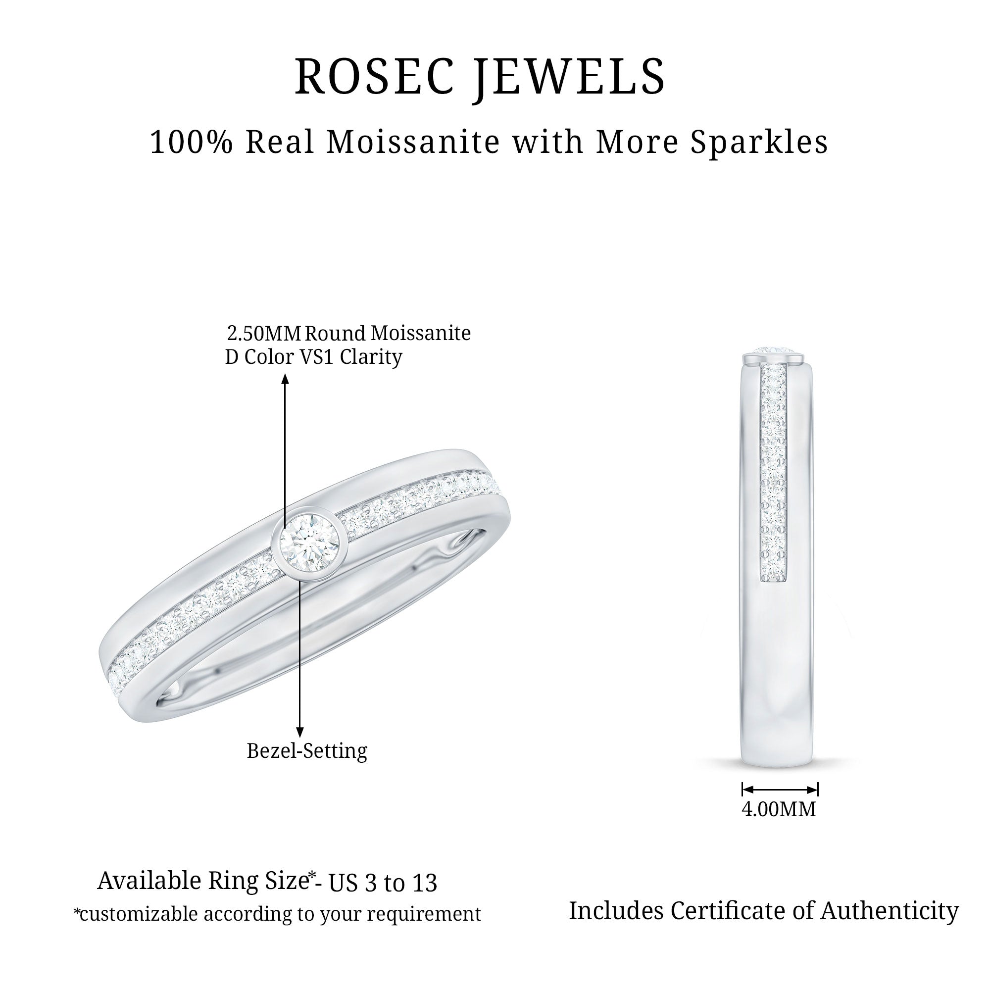 Rosec Jewels-Bezel Set Moissanite Unisex Wedding Band Ring