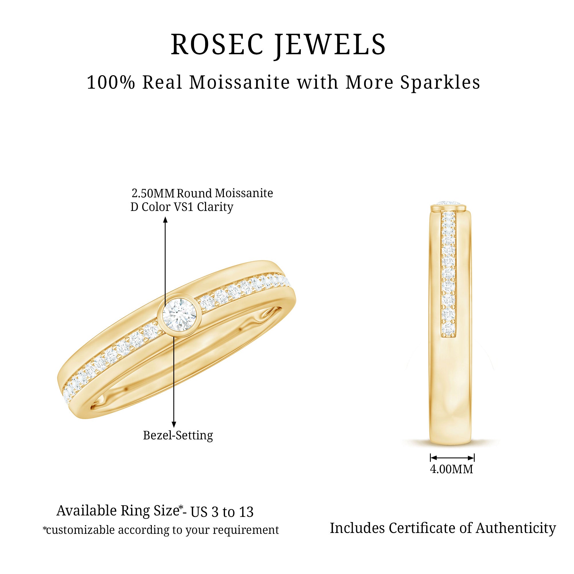Rosec Jewels-Bezel Set Moissanite Unisex Wedding Band Ring