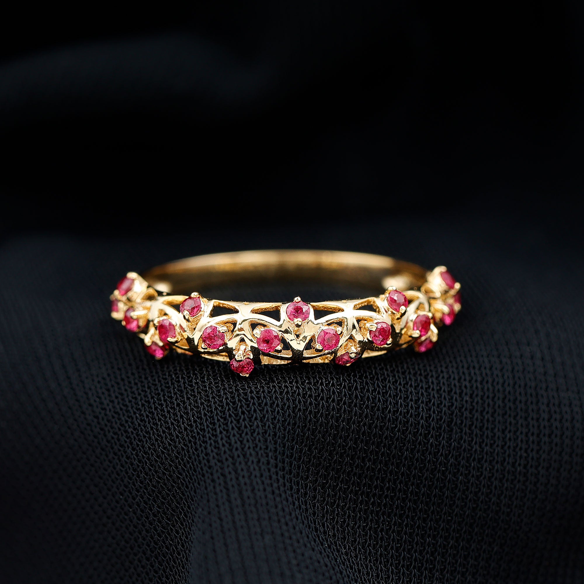 Filigree Detailed Ruby Gold Band Ring in Prong Setting Ruby - ( AAA ) - Quality - Rosec Jewels