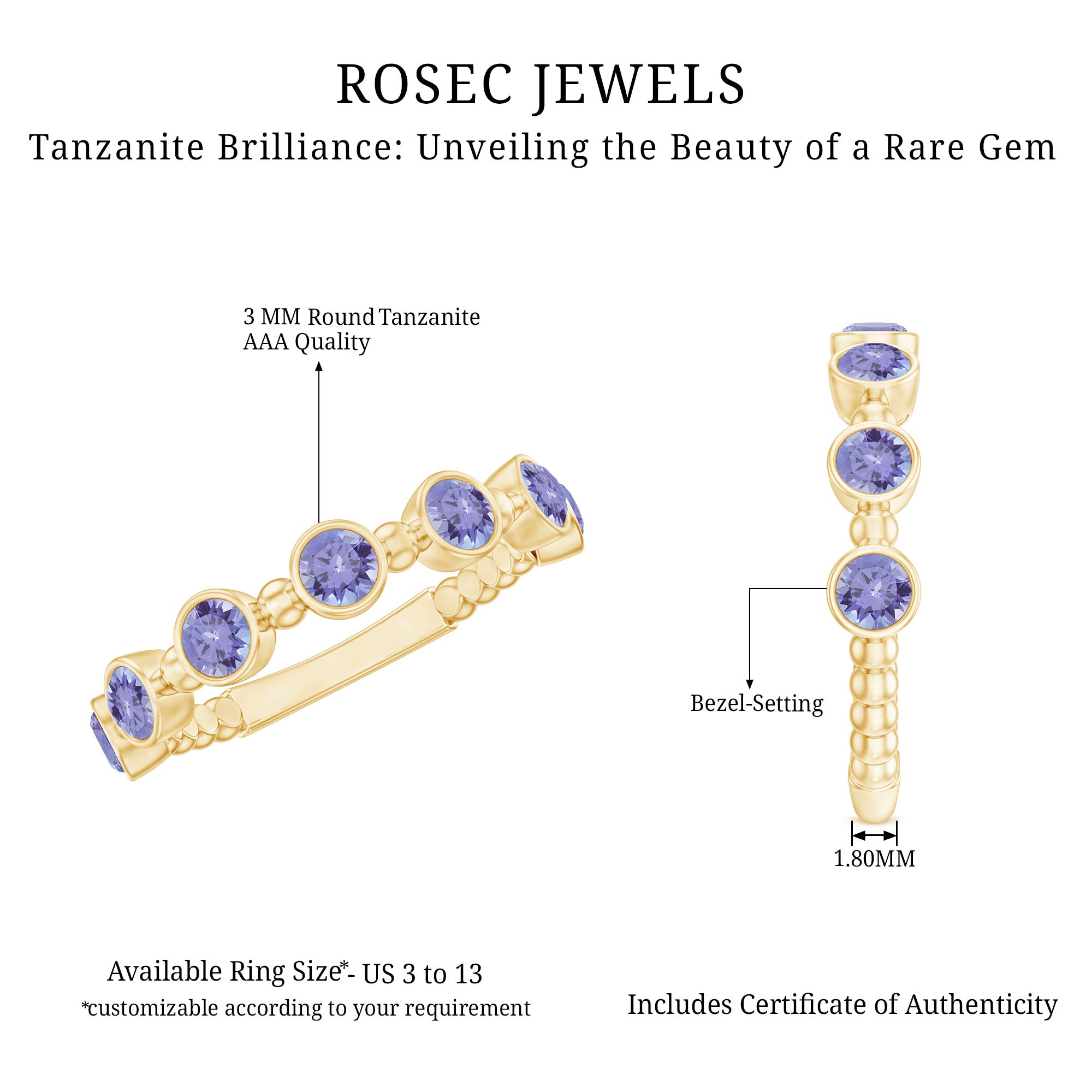Natural Tanzanite Half Eternity Ring in Bezel Setting AAA - Rosec Jewels