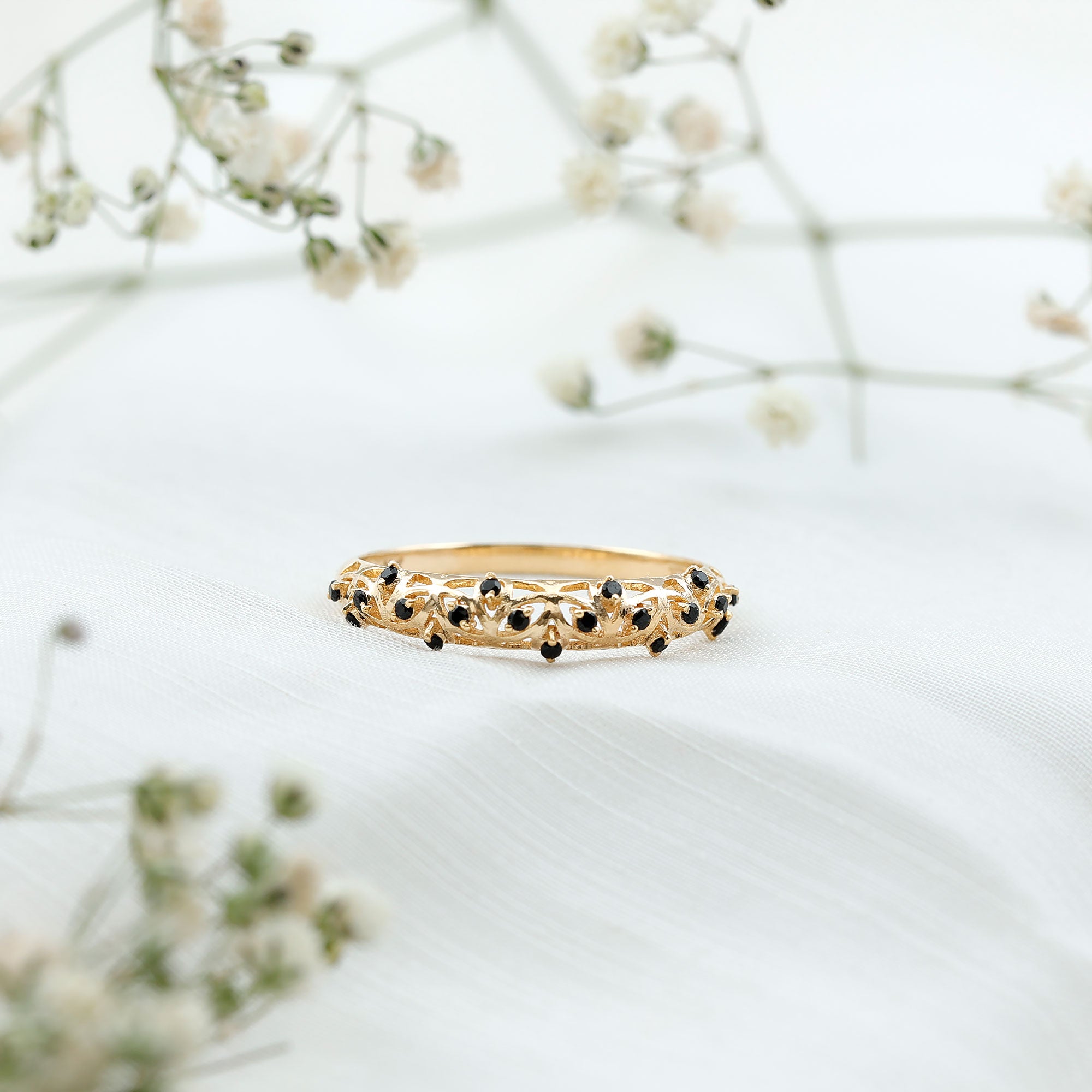 Rosec Jewels-Round Cut Certified Black Onyx Filigree Wedding Band