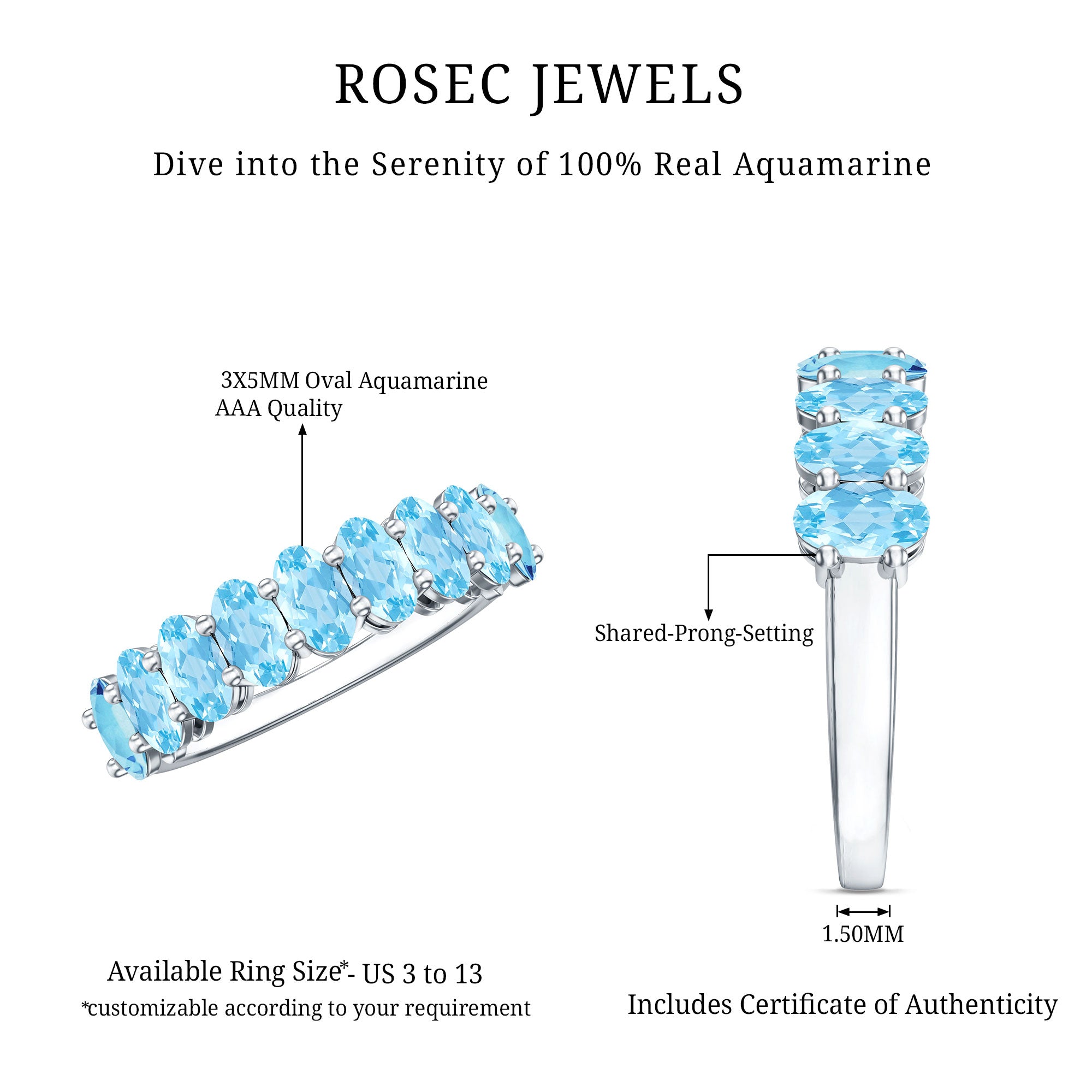Genuine Oval Cut Aquamarine Half Eternity Ring for Women AAA - Rosec Jewels