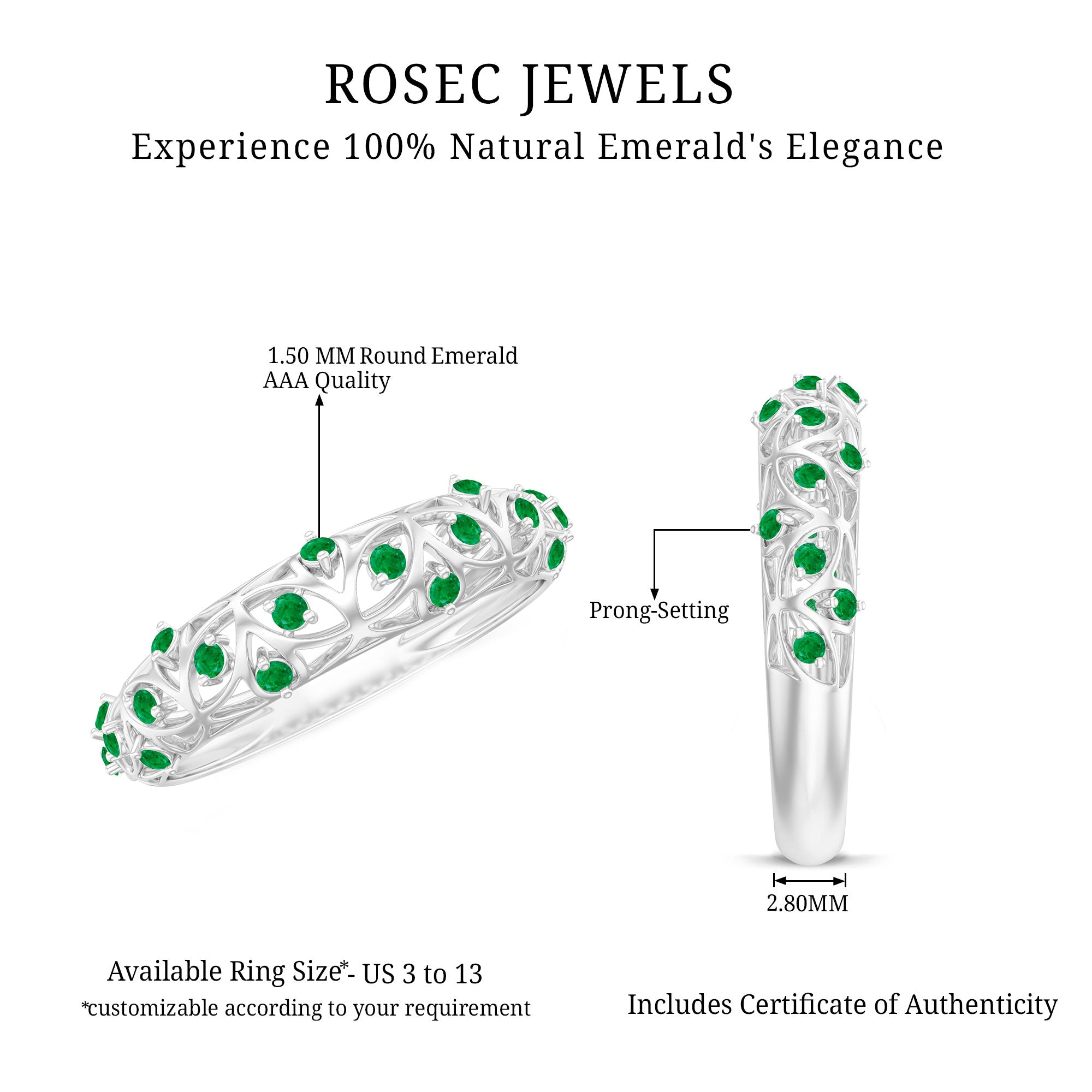 Rosec Jewels-Natural Emerald Filigree Wedding Band for Women