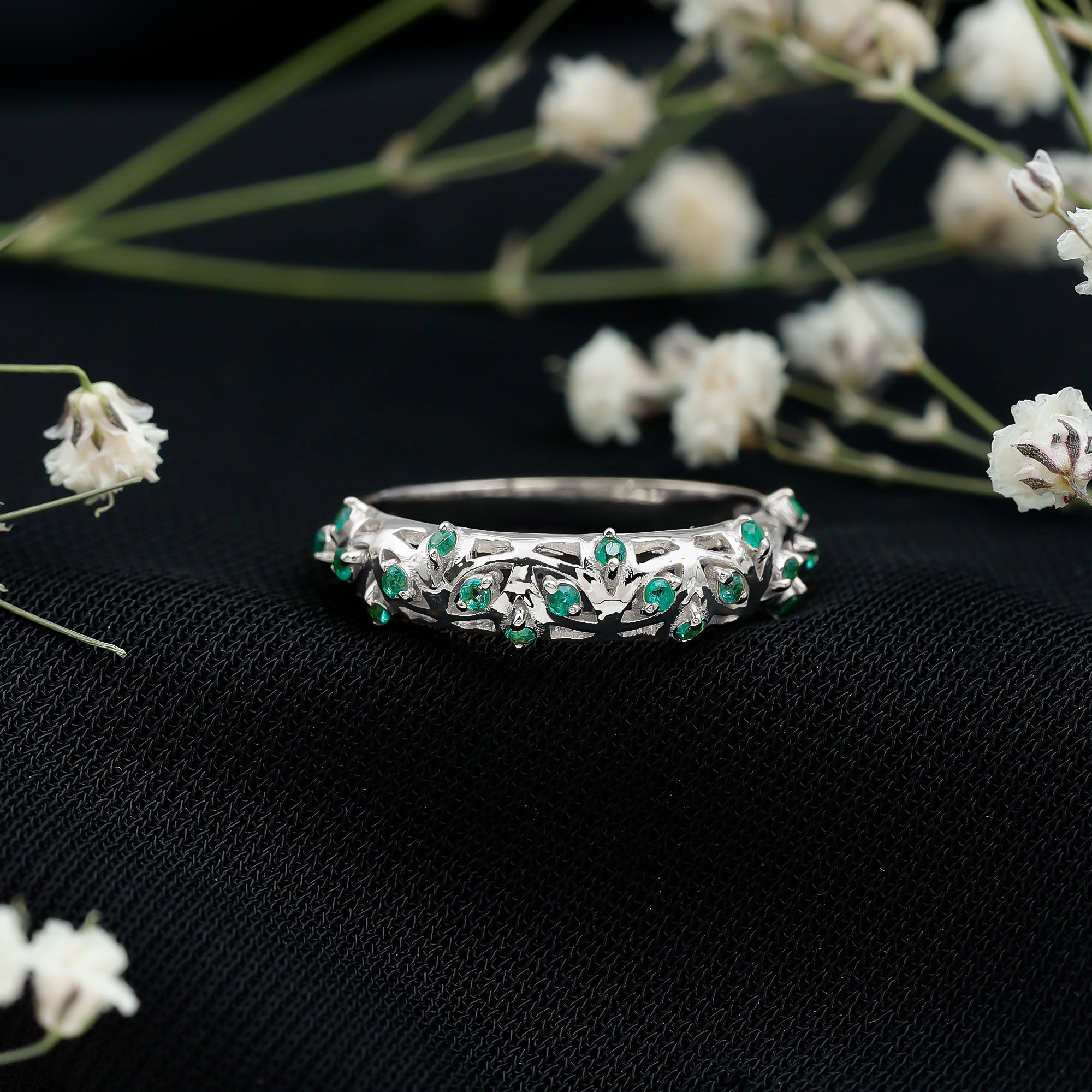 Rosec Jewels-Natural Emerald Filigree Wedding Band for Women