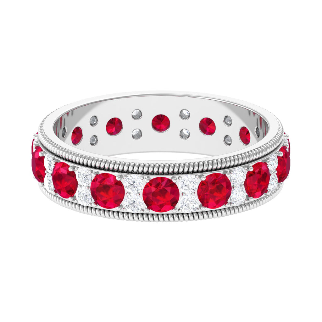 Round Cut Created Ruby and Moissanite Wedding Band with Twisted Rope Details - Rosec Jewels