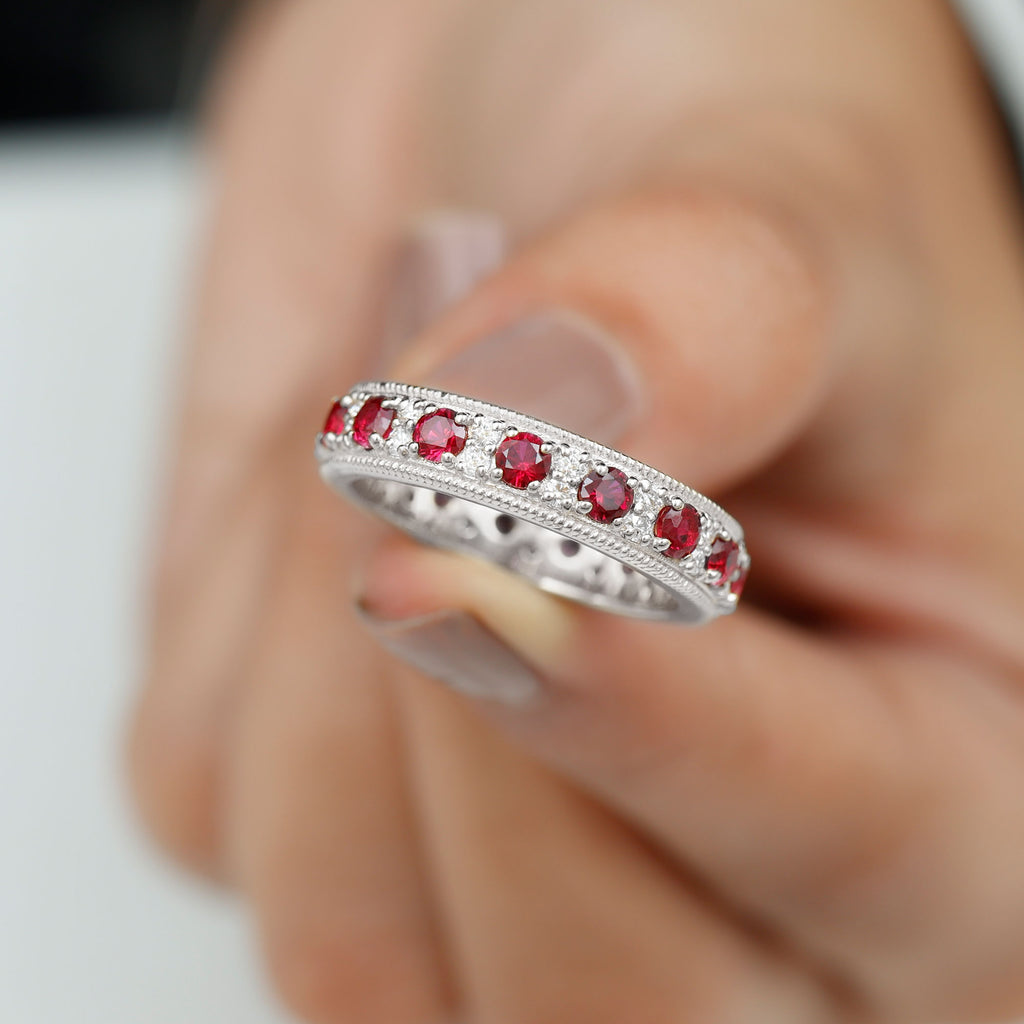 Round Cut Created Ruby and Moissanite Wedding Band with Twisted Rope Details - Rosec Jewels
