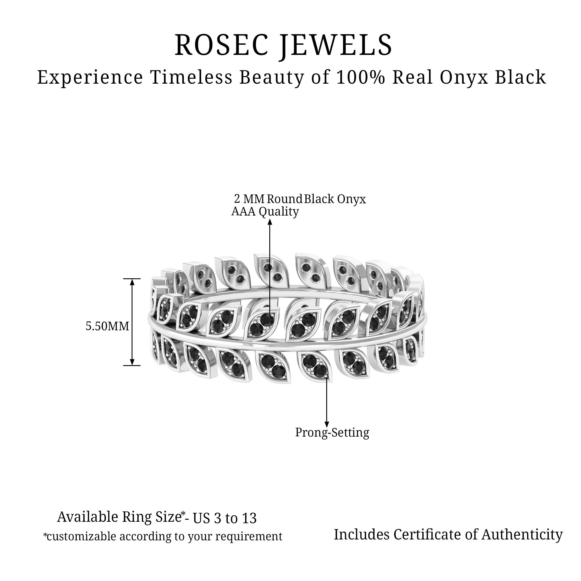 Black Onyx and Leaf Eternity Band Ring Black Onyx - ( AAA ) - Quality - Rosec Jewels