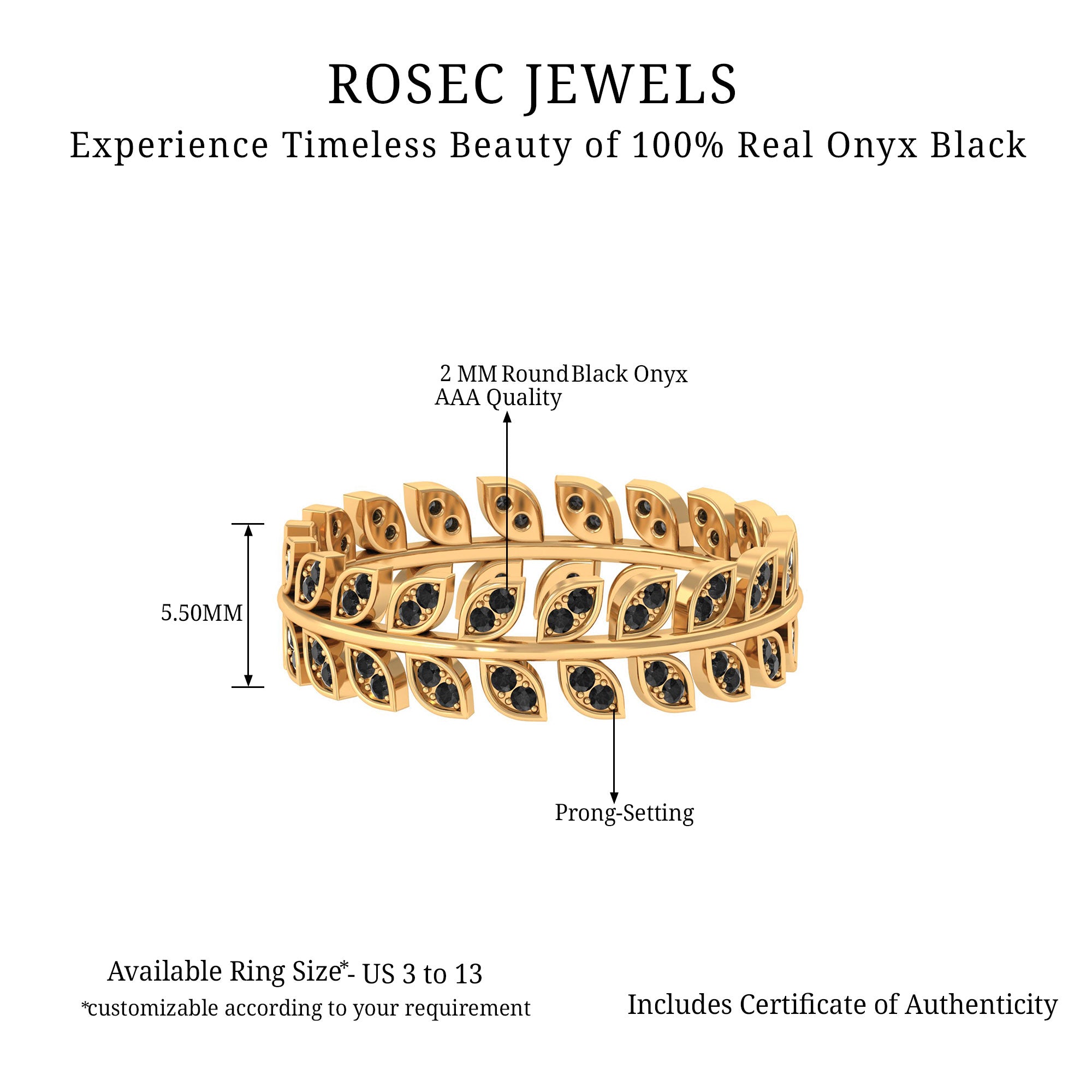 Black Onyx and Leaf Eternity Band Ring Black Onyx - ( AAA ) - Quality - Rosec Jewels