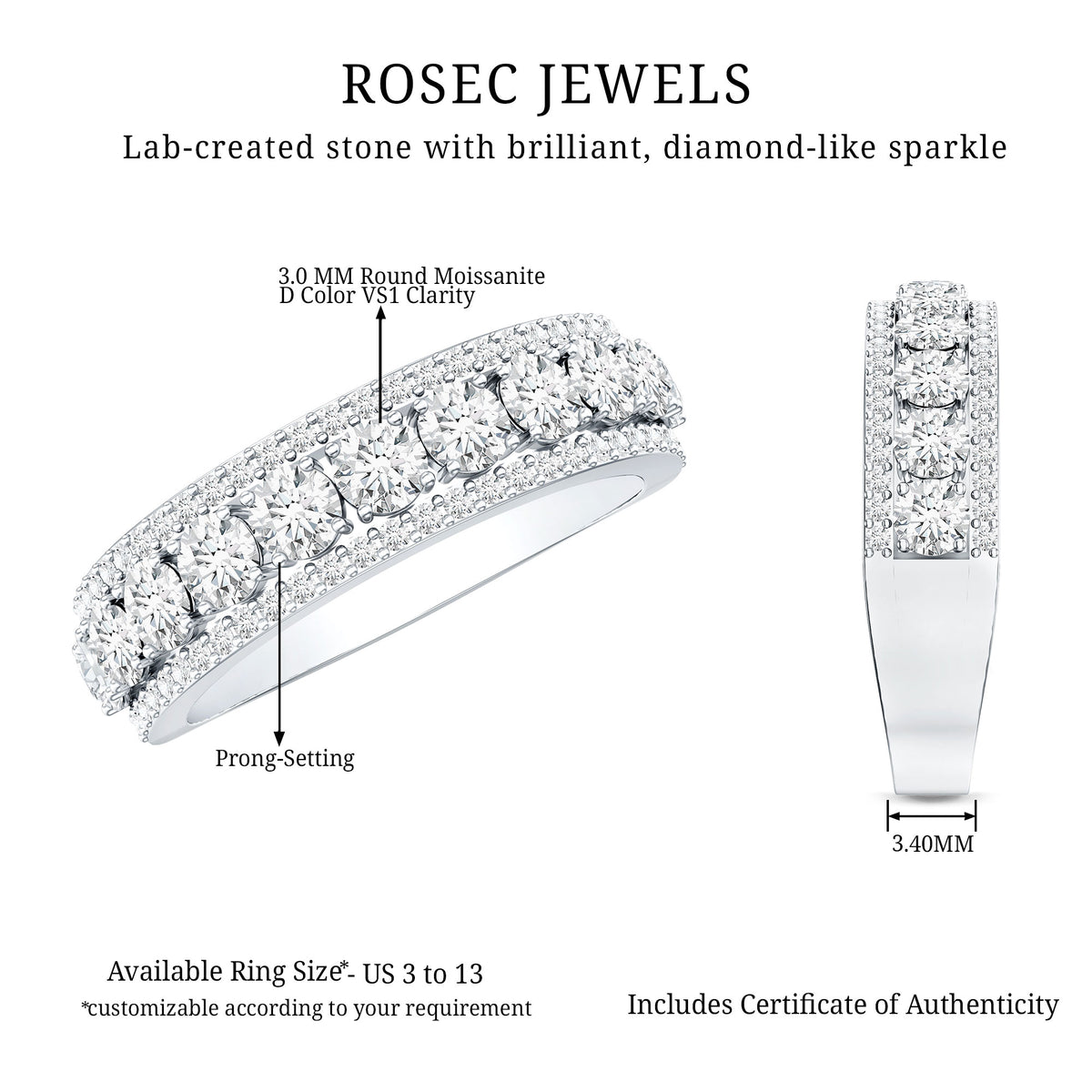 Rosec Jewels-Certified Moissanite Wedding Anniversary Band Ring for Women