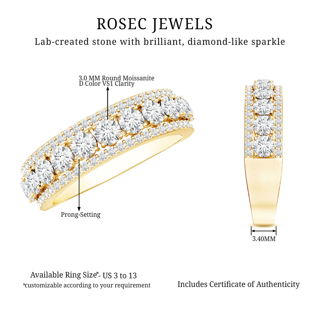 Rosec Jewels-Certified Moissanite Wedding Anniversary Band Ring for Women