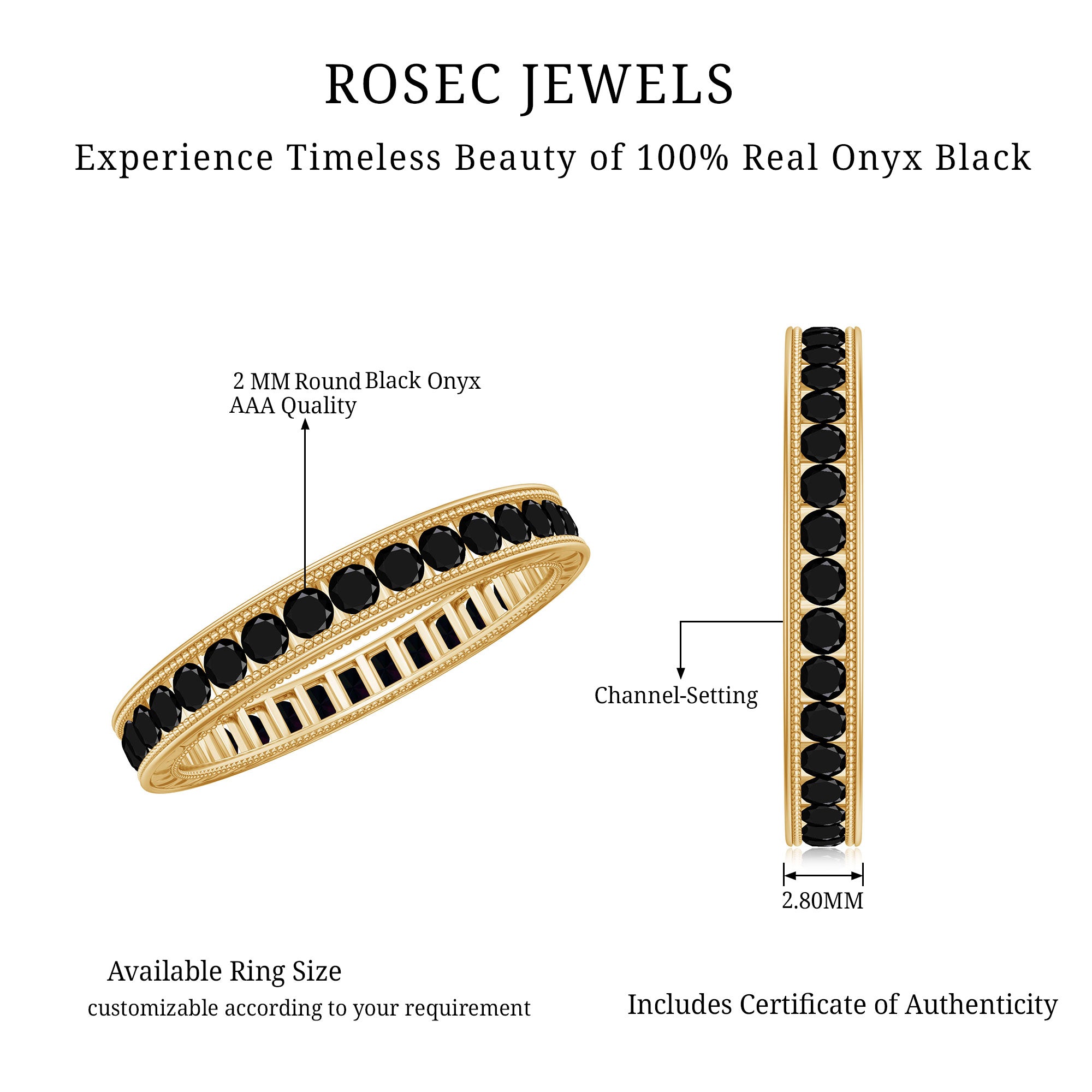 Black Onyx Wedding Band with Milgrain Detailing AAA - Rosec Jewels