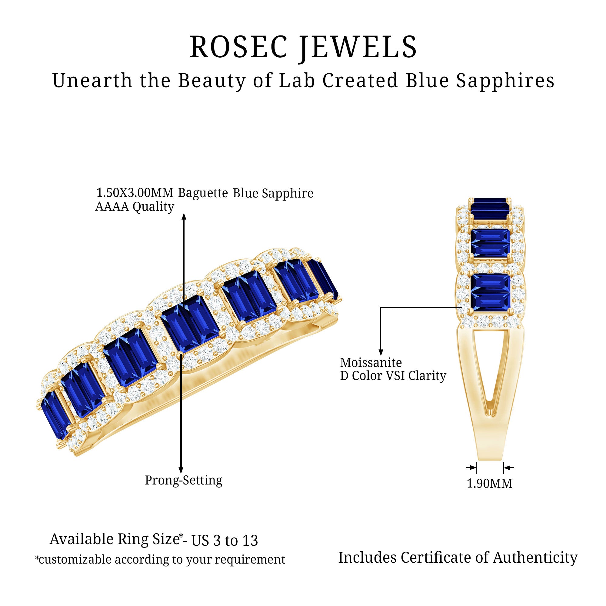 Certified Lab Grown Blue Sapphire Eternity Wedding Band with Diamond AAAA - Rosec Jewels