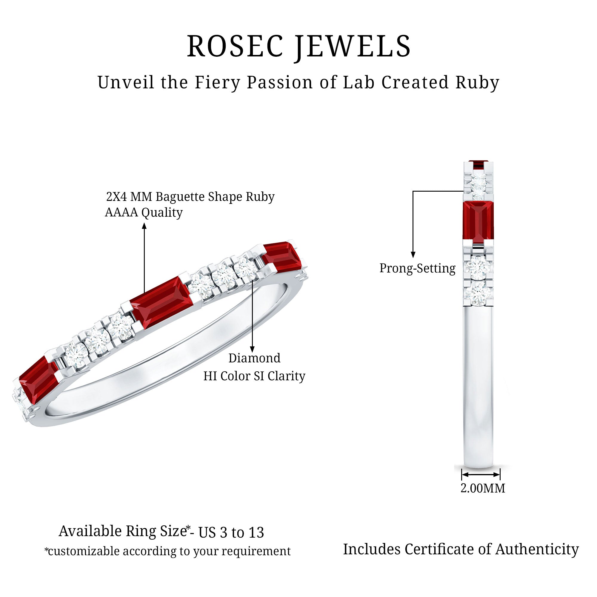 Rosec Jewels-3/4 CT Baguette Cut Lab Grown Ruby Stackable Ring with Diamond