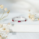 Rosec Jewels-3/4 CT Baguette Cut Lab Grown Ruby Stackable Ring with Diamond