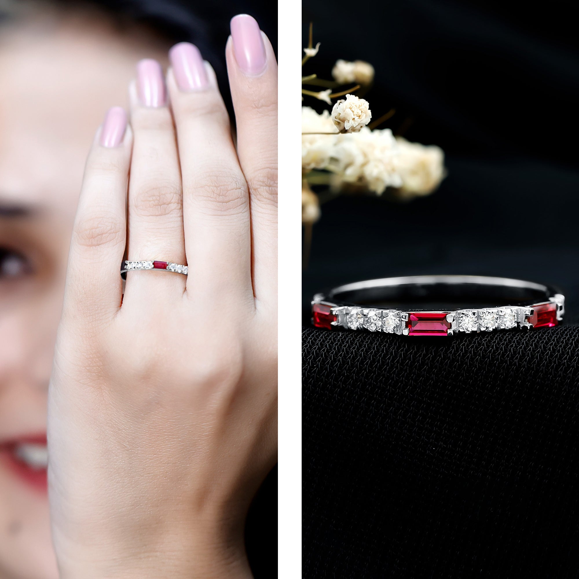 Rosec Jewels-3/4 CT Baguette Cut Lab Grown Ruby Stackable Ring with Diamond