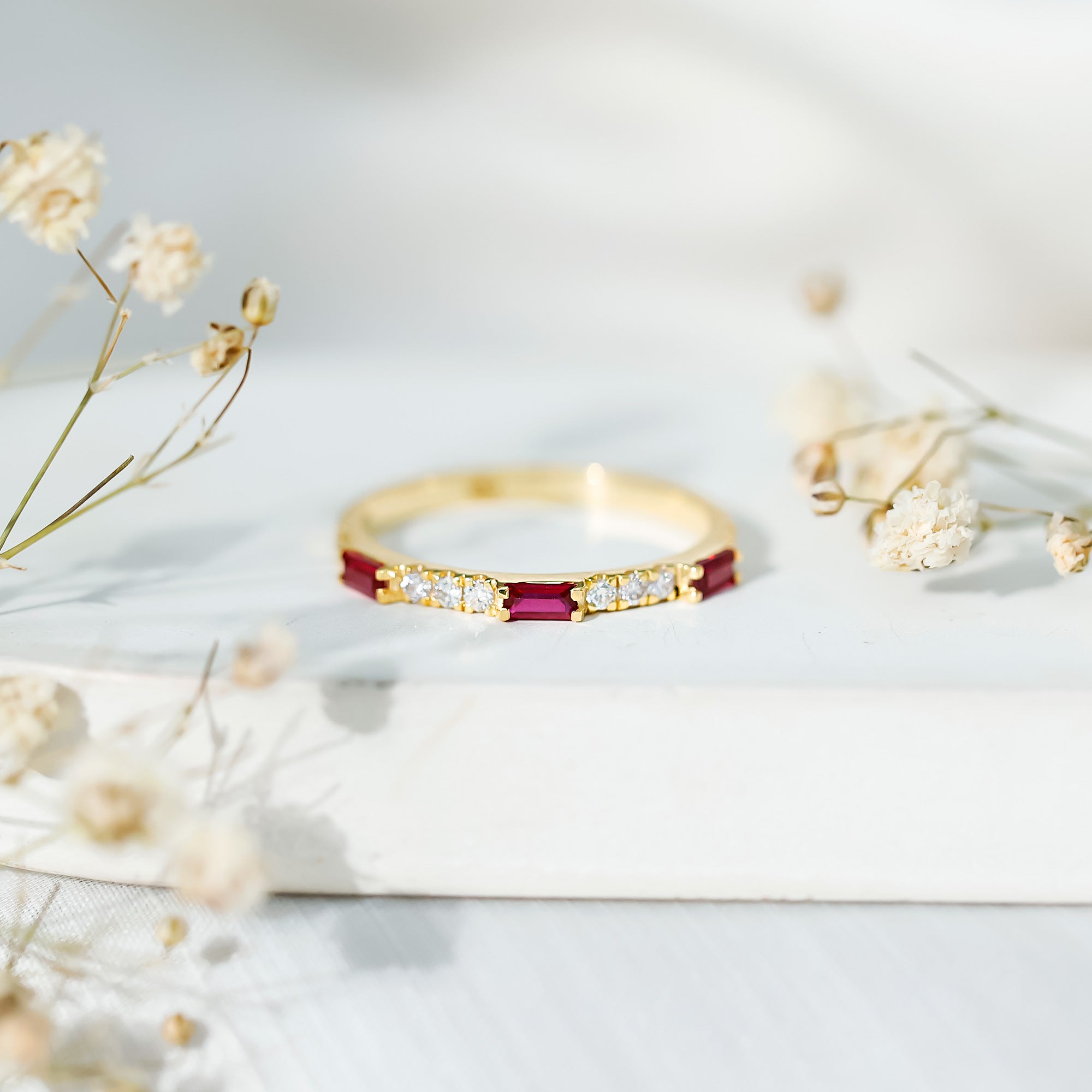 Rosec Jewels-3/4 CT Baguette Cut Lab Grown Ruby Stackable Ring with Diamond