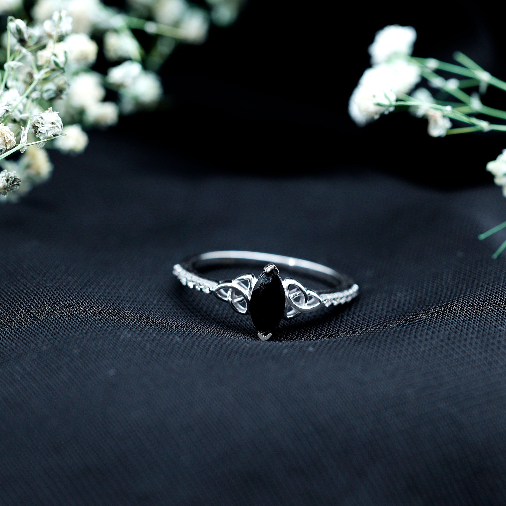 Genuine Black Onyx and Diamond Celtic Design Engagement Ring AAA - Rosec Jewels