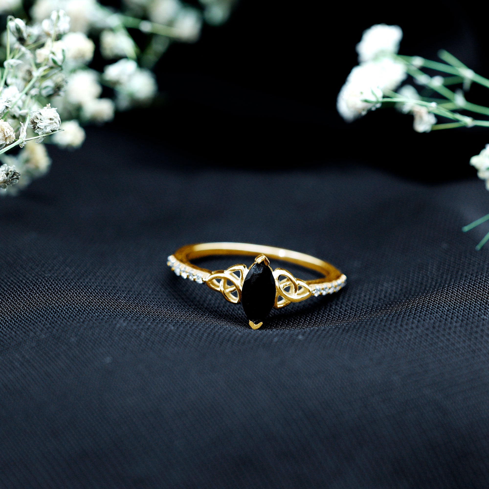 Genuine Black Onyx and Diamond Celtic Design Engagement Ring AAA - Rosec Jewels