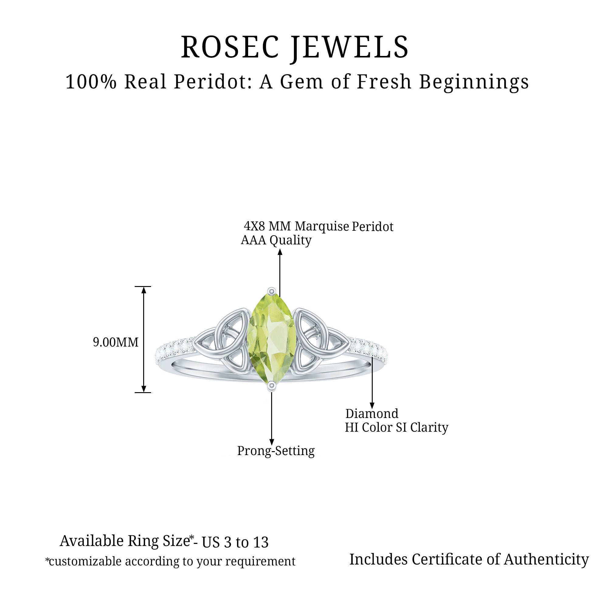 Natural 0.7 Carat Peridot Diamond Marquise Engagement Ring with Celtic Knot AAA - Rosec Jewels